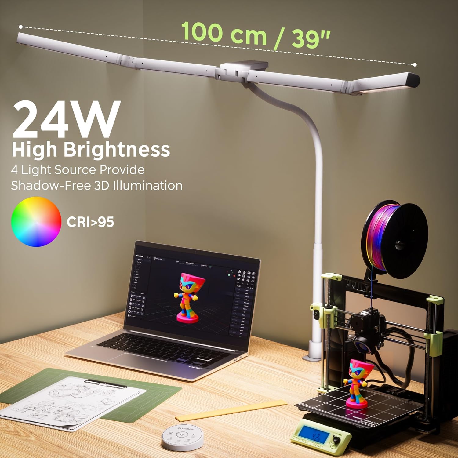 EYOCEAN Schreibtischlampe, Schreibtischlampe mit 4 Lichtquellen, 24W 100 cm Tageslichtlampe Schreibtisch mit Fernbedienung, dimmbare Monitorlampe, Schwanenhals-Bürotischlampe, Augenschutz-PC-Lampe – Bild 3