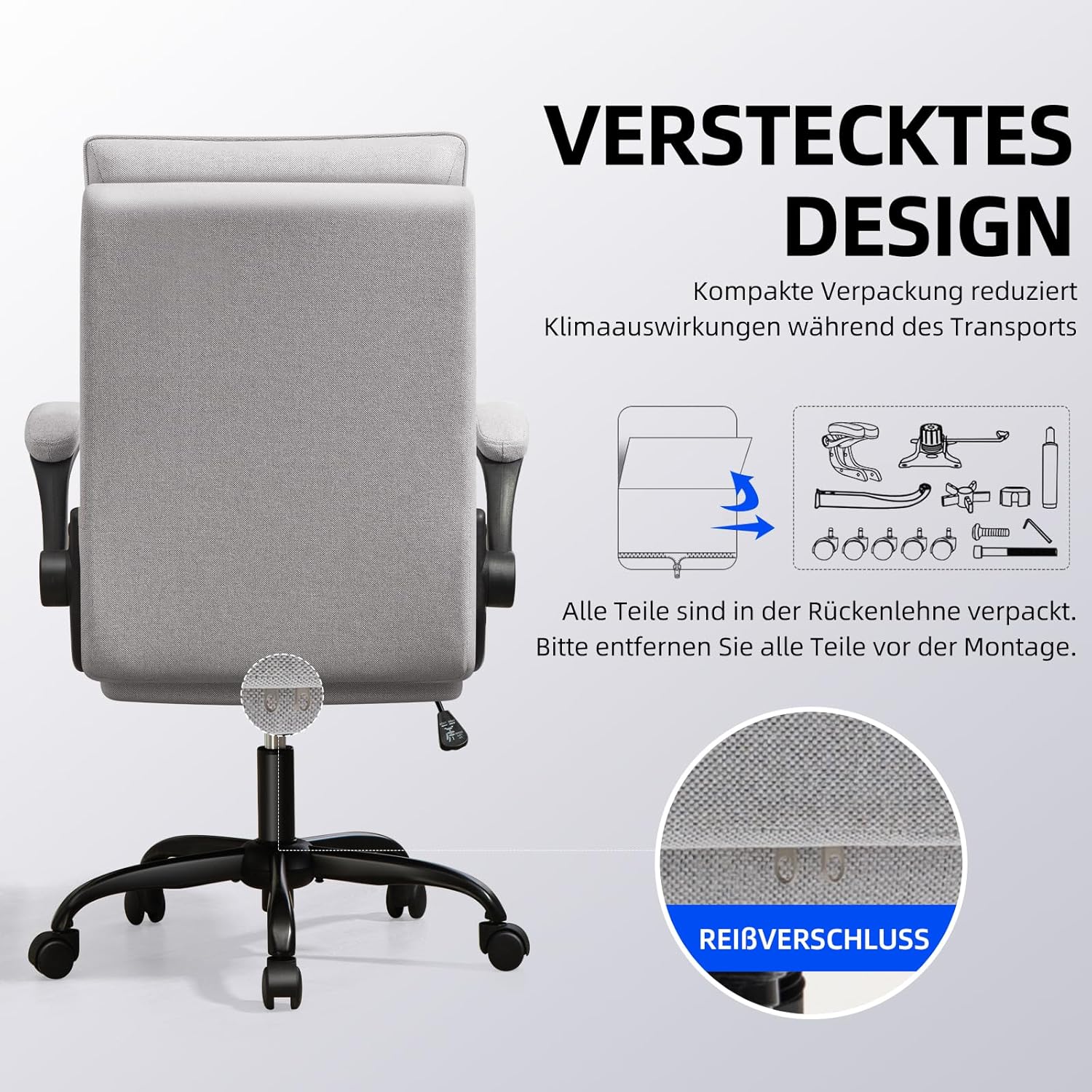 Ergonomischer Bürostuhl (Testsieger) Schreibtischstuhl | Klappbare Armlehne und hohe Rückenlehne | Höhenverstellbar & Wippfunktion | Chefsessel 150 kg | Bürostuhl | Bürostühle Stoff Grau – Bild 5