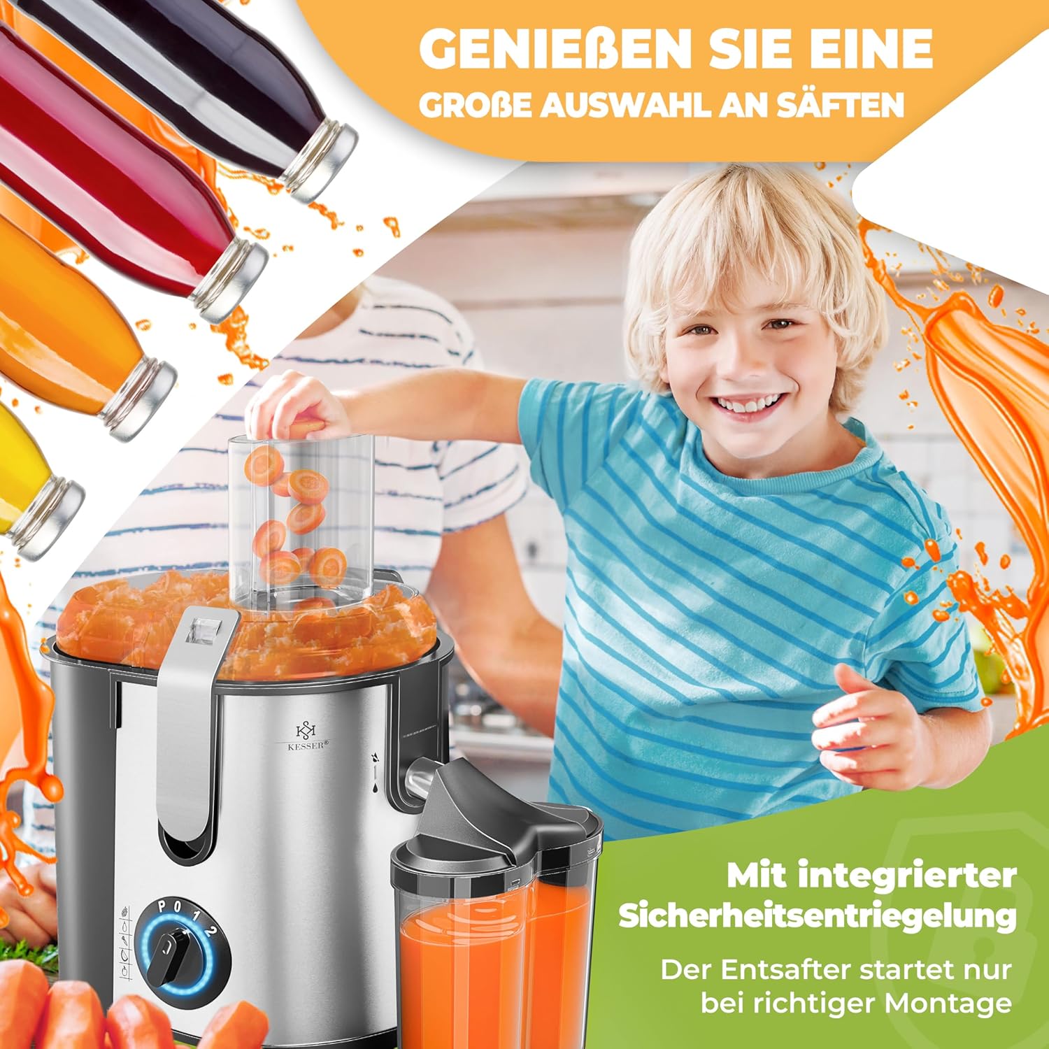 KESSER® Entsafter für Obst und Gemüse aus Edelstahl 1100W große 85 mm Einfüllöffnung inkl. Entsafter, Reinigungsbürste und Saftbehälter, 3 Geschwindigkeitsstufen – Bild 7