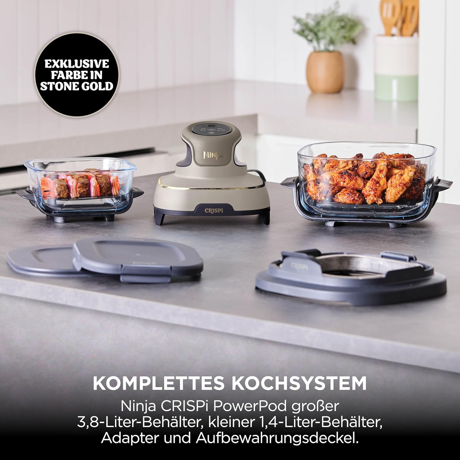 Tragbare Heißluftfritteuse Ninja CRISPi, 3,8 l, 4-in-1: Heißluftfrittieren, Rösten, Warmhalten, erneut knusprig, 6 Portionen, 2 abnehmbare Glasbehälter und Deckel, 1700 W, Steingold FN101EUSTGD – Bild 2