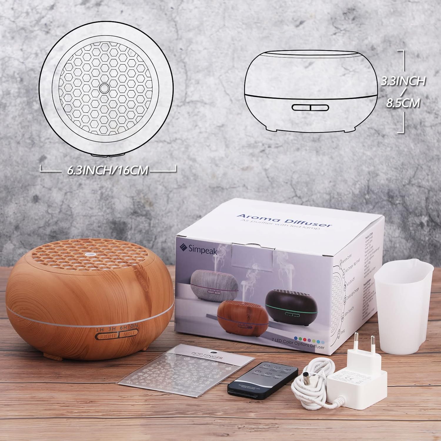 Simpeak Aroma Diffuser 550 ml, Ultraschall-Raumdiffusor Holz für ätherische Öle, Aromatherapie-Düfte, Luftbefeuchter mit Fernbedienung, Hellbraun – Bild 8