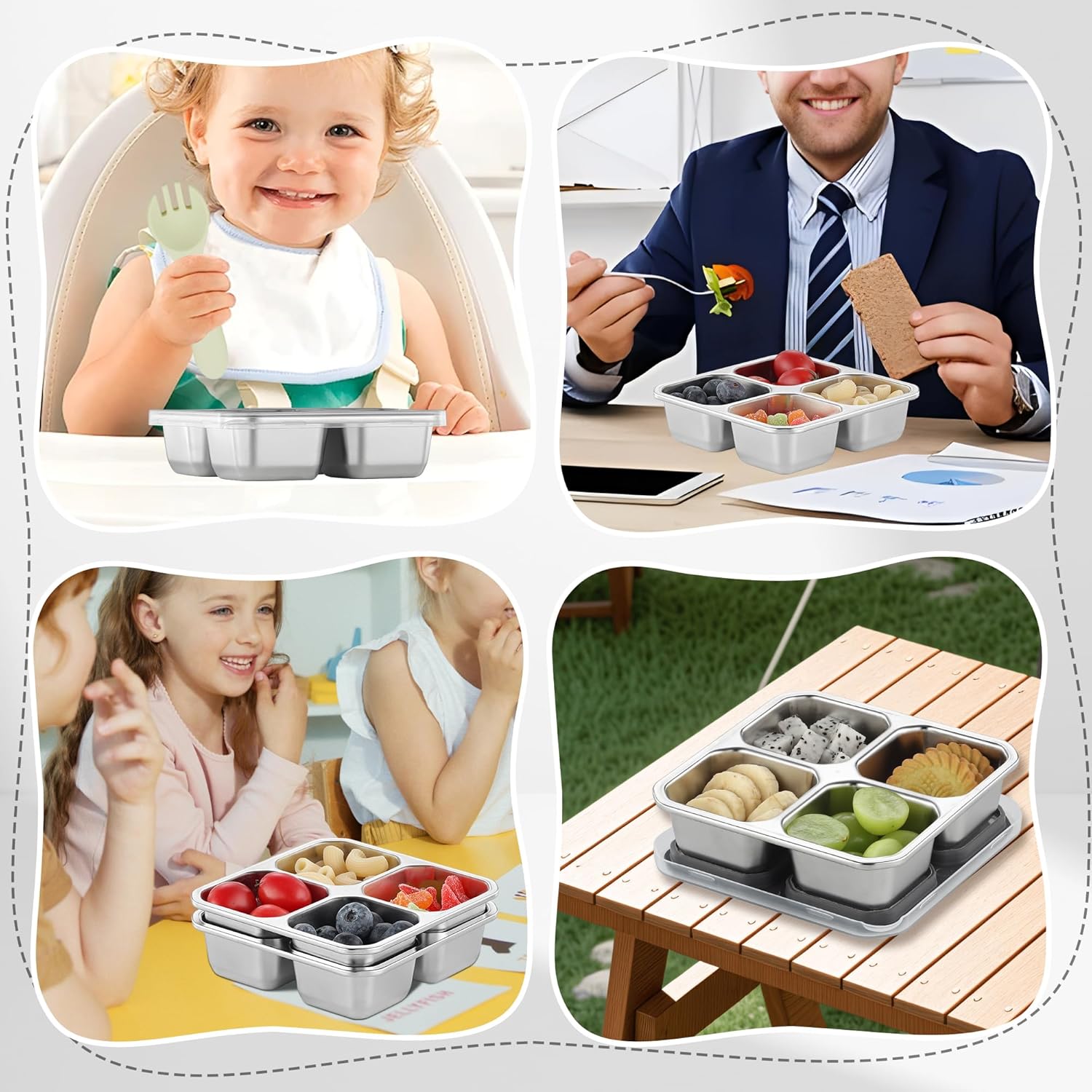 Misichao Snackbehälter, Snackbox Kinder mit 4 Fächern, Edelstahl-Brotdose mit grauem Deckel, wiederverwendbarer Meal-Prep-Lunchbehälter für Kinder und Erwachsene, für Schule, Arbeit – Bild 9