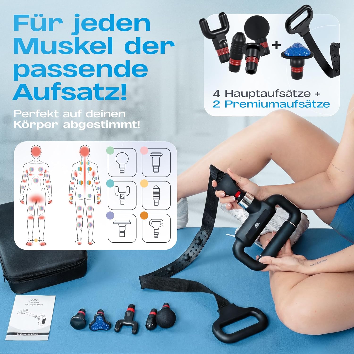 Massagepistole mit Riemen – Massagepistole mit Kühlkopf und Tragetasche | 6 Ebenen, 5 Aufsätze, LCD-Touchscreen und USB-C | Muskelpistole, Rückenmassagegerät, Stoßwellentherapiegeräte, Faszienpistole – Bild 6