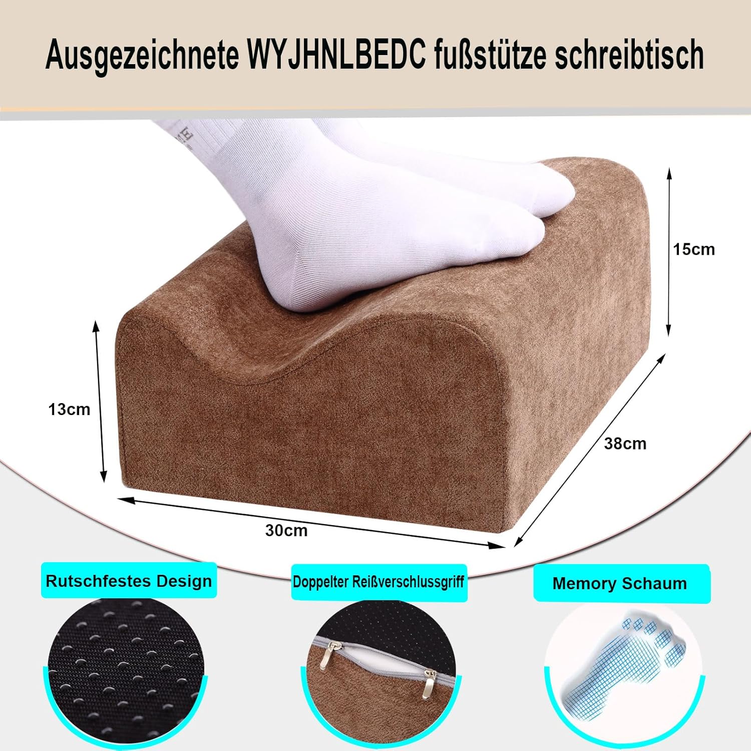 Fußstütze für den Schreibtisch, ergonomische Fußstützen für das Büro mit Premium-Schaumstoffkern und abnehmbarem Deckel, rutschfeste Fußstütze für unter dem Schreibtisch, Rücken- und Hüftschmerzen, braun, mittel – Bild 5