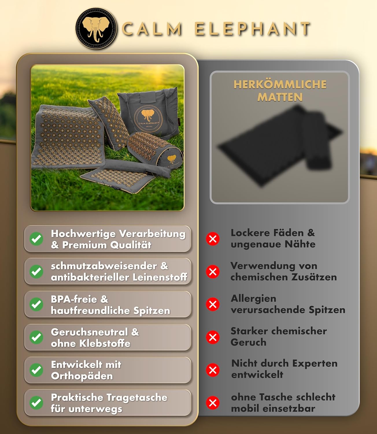 CALM ELEPHANT ORIGINAL Ultimative Akupressurmatte mit Kissen XXL 6er-Set, Massagematte, Rückenverspannungen lösen, Akupunkturmatte, Kissen mit Wärmefunktion, Lendenwirbel- und Kniekissen, Fußmatte, grau – Bild 5