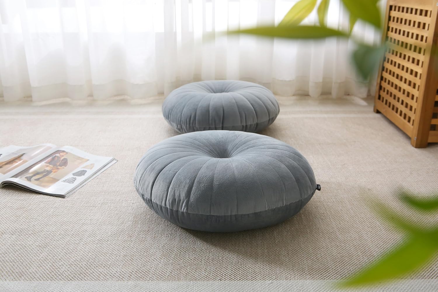 Bodenkissen & Meditationskissen, rund, großes dickes Sitzkissen für Erwachsene, Samt-Yoga-Bodenkissen, 45,7 cm (grau) – Bild 4