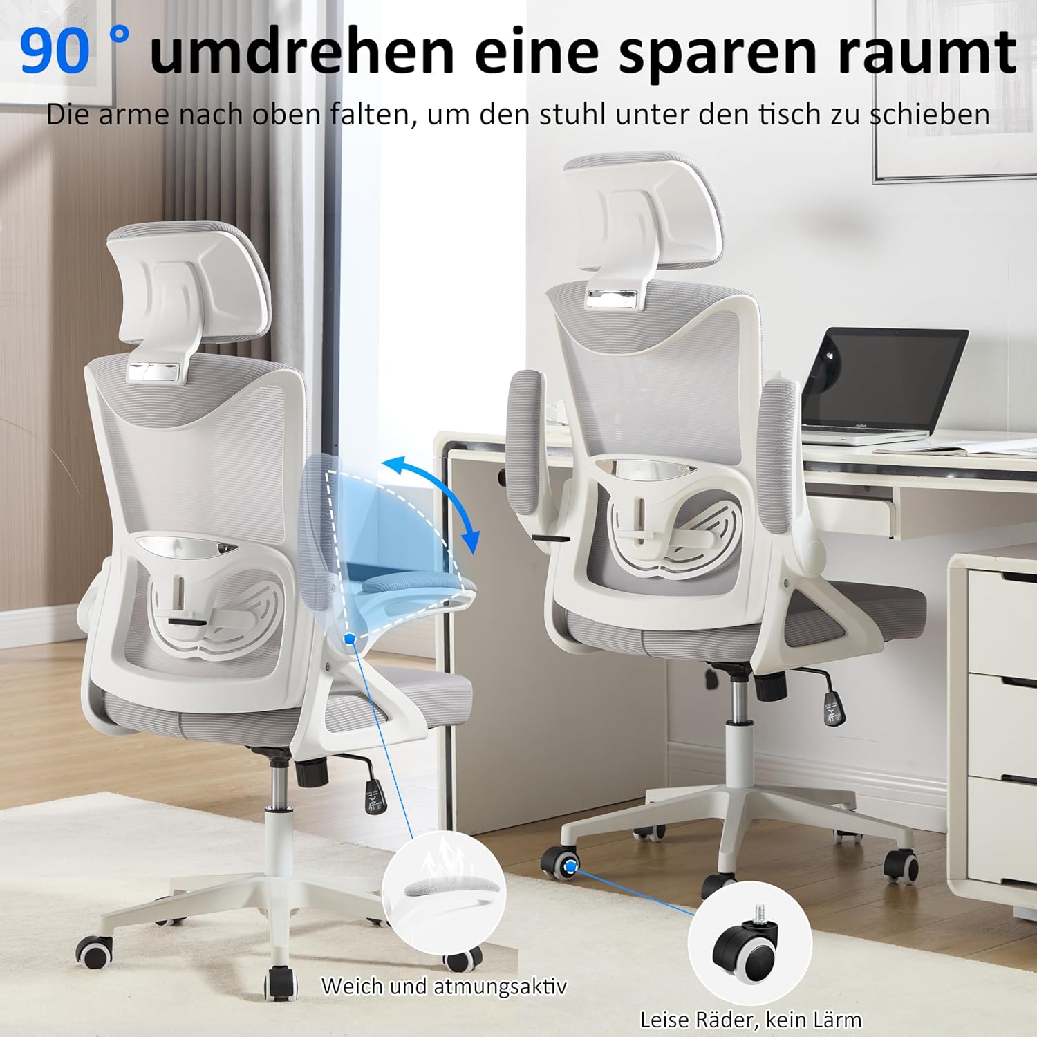 Fizzin Ergonomischer Bürostuhl, grauer Schreibtischstuhl mit verstellbarer Lendenwirbelstütze und Kopfstütze, atmungsaktives Netzgewebe für Heimbüro und professionelle Arbeitsplätze – Bild 7