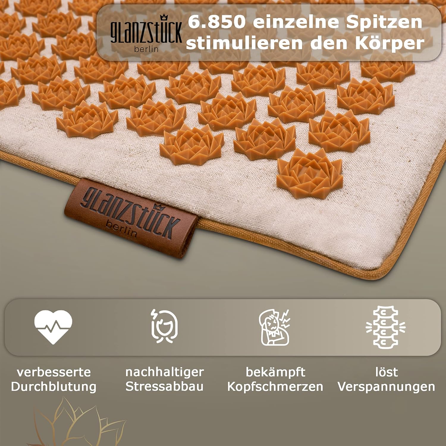 Glanzstück Berlin Health Collection: XL Akupressurmatten-Set Original aus Leinen, hilft bei Verspannungen, Rückenschmerzen, Massagematte mit Kissen (Wärmefunktion) und Tasche, nachhaltig – Bild 5