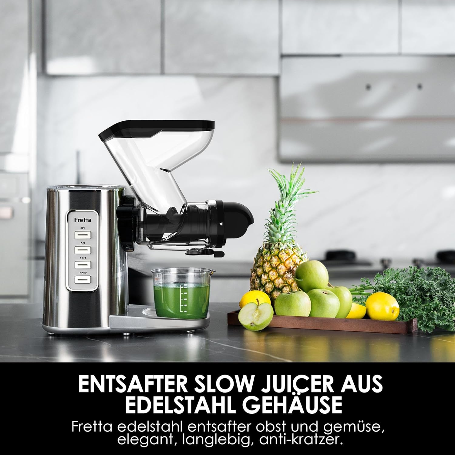 Fretta Slow Juicer Entsafter Gemüse und Obst Gemüse Testsieger 76mm Öffnung Obstpresse Elektrischer Entsafter Äpfel Sellerie Entsafter Maschine Kauende Gemüsepresse BPA-frei (Edelstahl) – Bild 3
