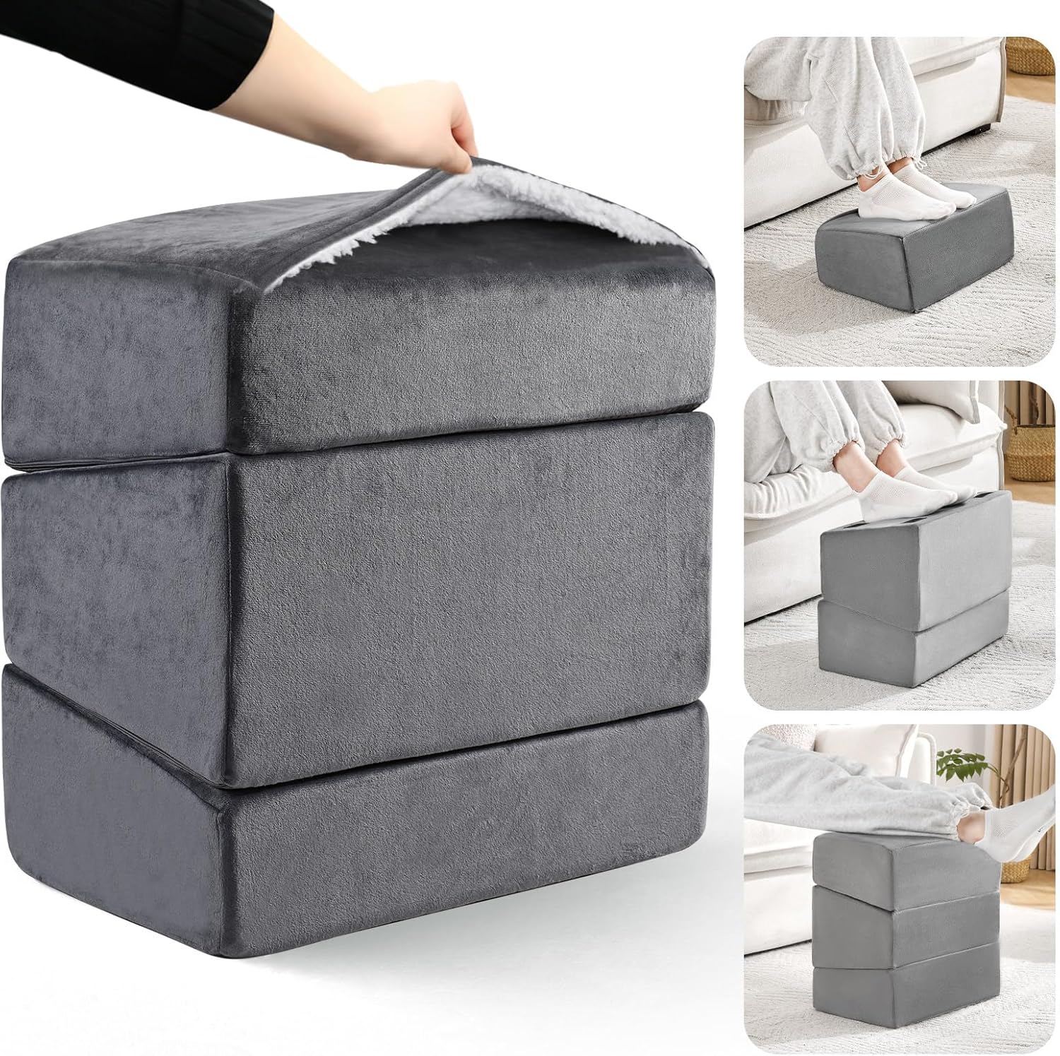 Fußstütze für unter dem Schreibtisch im Büro, höhenverstellbarer Fußhocker für Bürostuhl & Gaming-Stuhl, ergonomisches Fußkissen, Schreibtisch-Fußhocker mit waschbarem Bezug für Zuhause (grau)