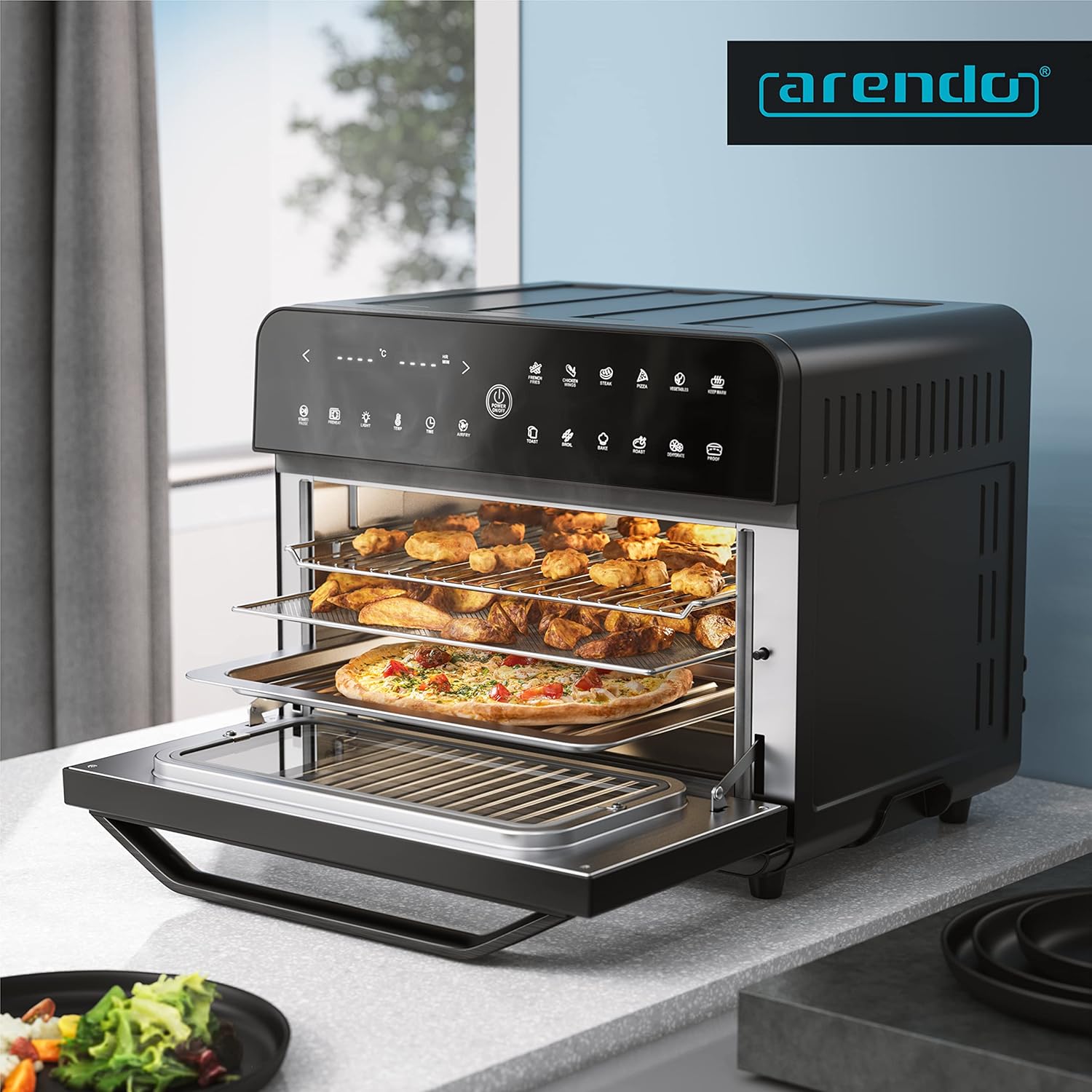 Arendo – Heißluftfritteuse 25 Liter aus Edelstahl – Multifunktionsofen – Mini-Ofen – Aerofryer – 1800 Watt – inklusive Backblech, Trockenblech, Ofenrost, Frittierkorb – BPA-frei – Bild 6