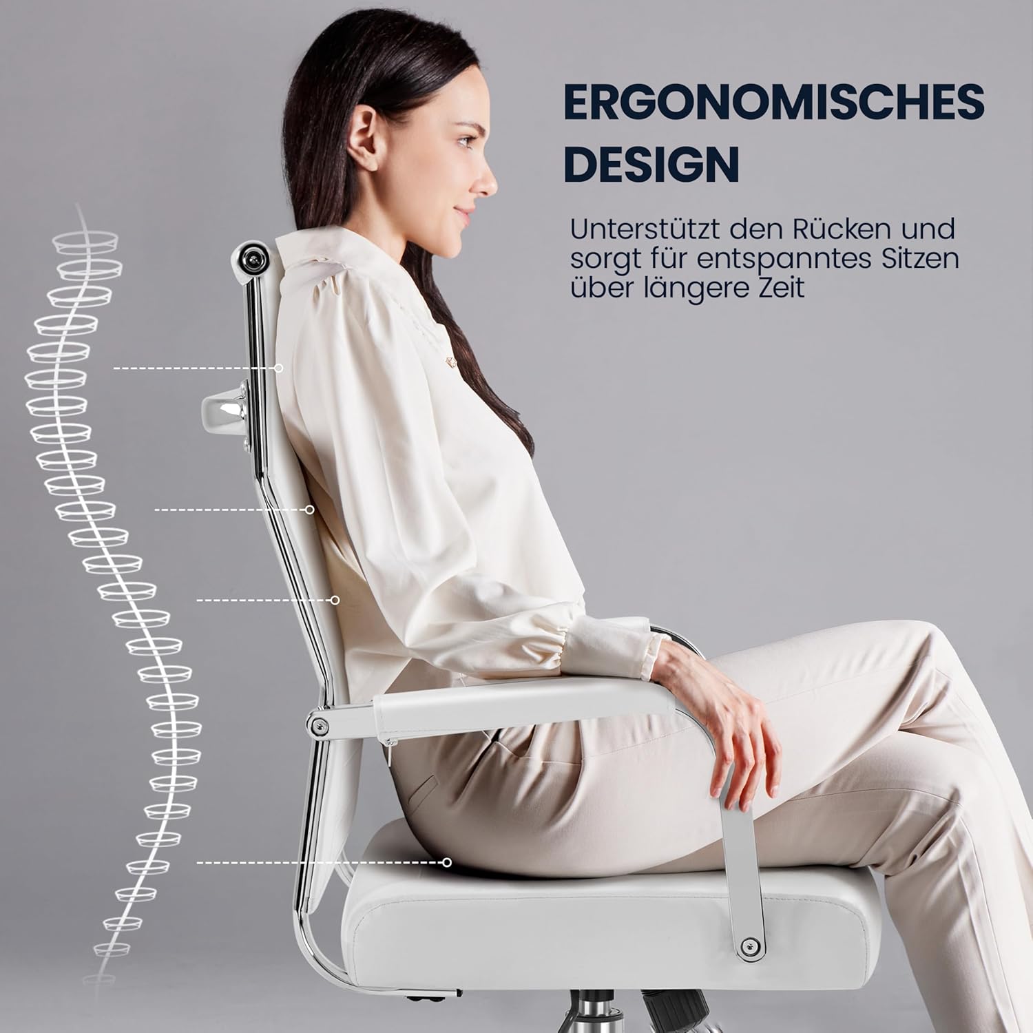 Yaheetech Bürostuhl, ergonomischer Schreibtischstuhl mit Armlehnen, Chefsessel, Computerstuhl, hohe Rückenlehne, Arbeitsstuhl mit Wippfunktion, maximale Belastung 136 kg, Weiß – Bild 4