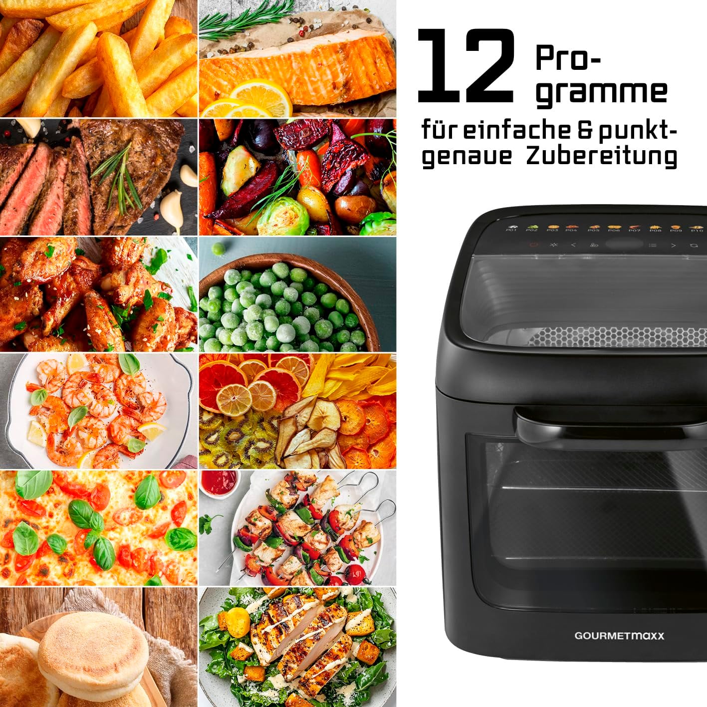 GOURMETmaxx Heißluftofen mit Panoramadach und Frontfenster 12,5 L | Heißluftfritteuse mit 9 Funktionen | Heißluftfritteuse und Minibackofen in 1 | für max. 8 Personen | Heißluftfritteuse mit Farbsymbolen – Bild 10