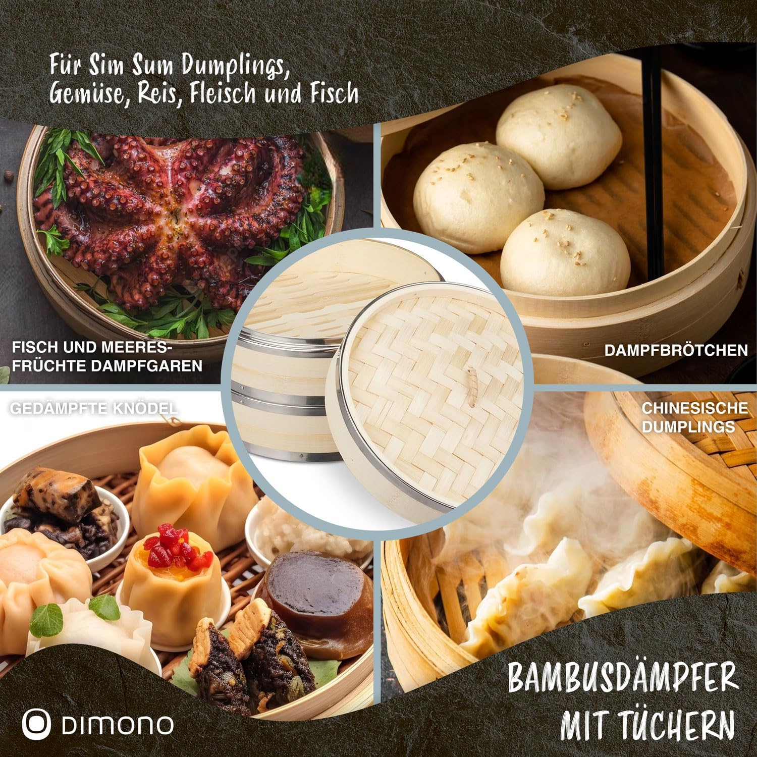 Dimono Bambusdampfgarer mit Edelstahl, 2 Etagen Bambusdampfgarer mit Deckel, Dampfgaraufsatz und Dampfgarkorb für Sim Sum Knödel, Gemüse, Reis, Fleisch und Fisch (Durchmesser 20 cm) – Bild 7