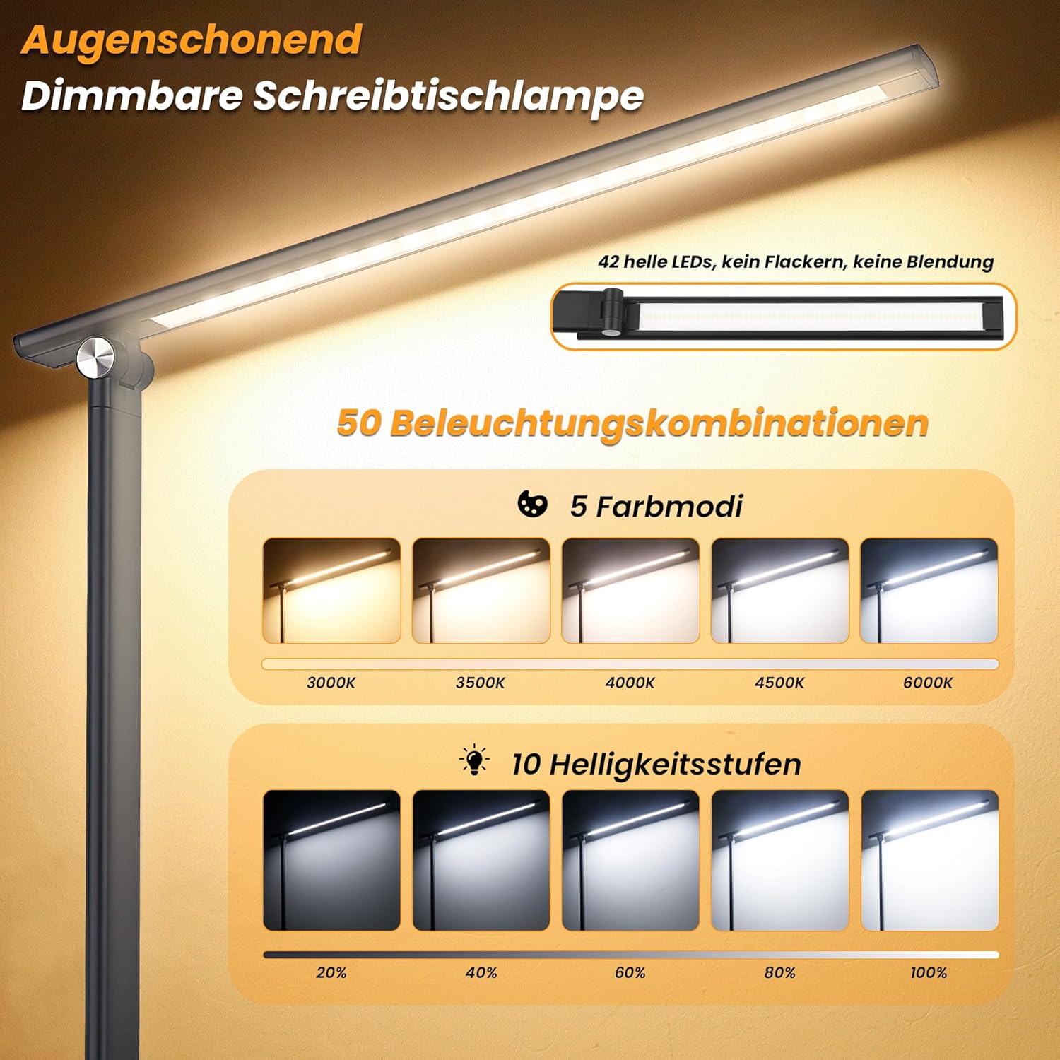 Akynite 42 LED-Schreibtischlampe, dimmbarer USB-Anschluss, 2A-Adapter im Lieferumfang enthalten, 5 Farben, 10 Helligkeiten, Leselampe, Schreibtisch, faltbare Lampe Touch mit Timer, Leselampe für Kinder, Schwarz – Bild 3
