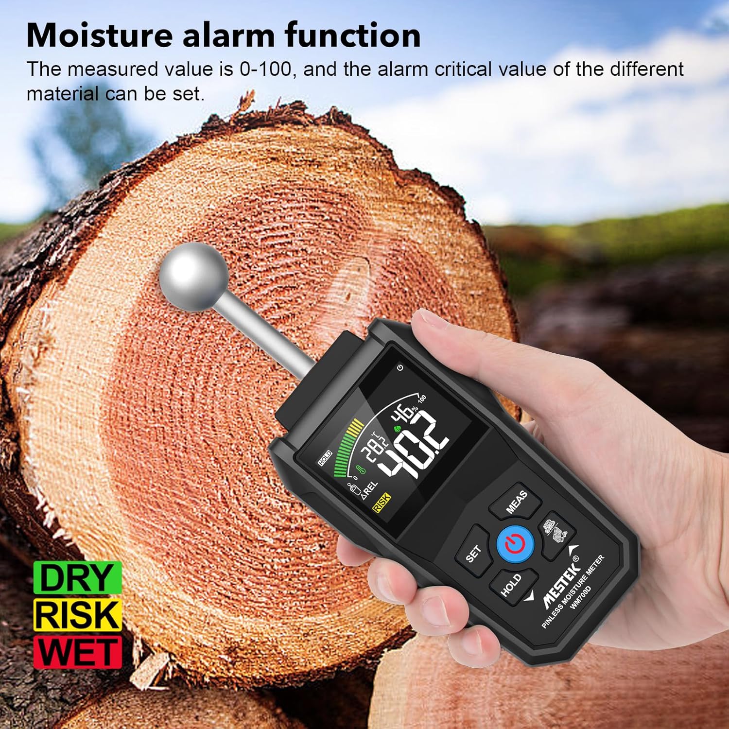 MESTEK Feuchtigkeitsmessgerät, Wandfeuchtemessgerät, Stift- und stiftloses Feuchtigkeitsmessgerät mit farbigem LCD-Akustikalarm für Wände, Holz, Mauerwerk, Putz, Baumaterialien, Boden, Gebäudefeuchtigkeit, 20–40 mm, Analysetiefe – Bild 4