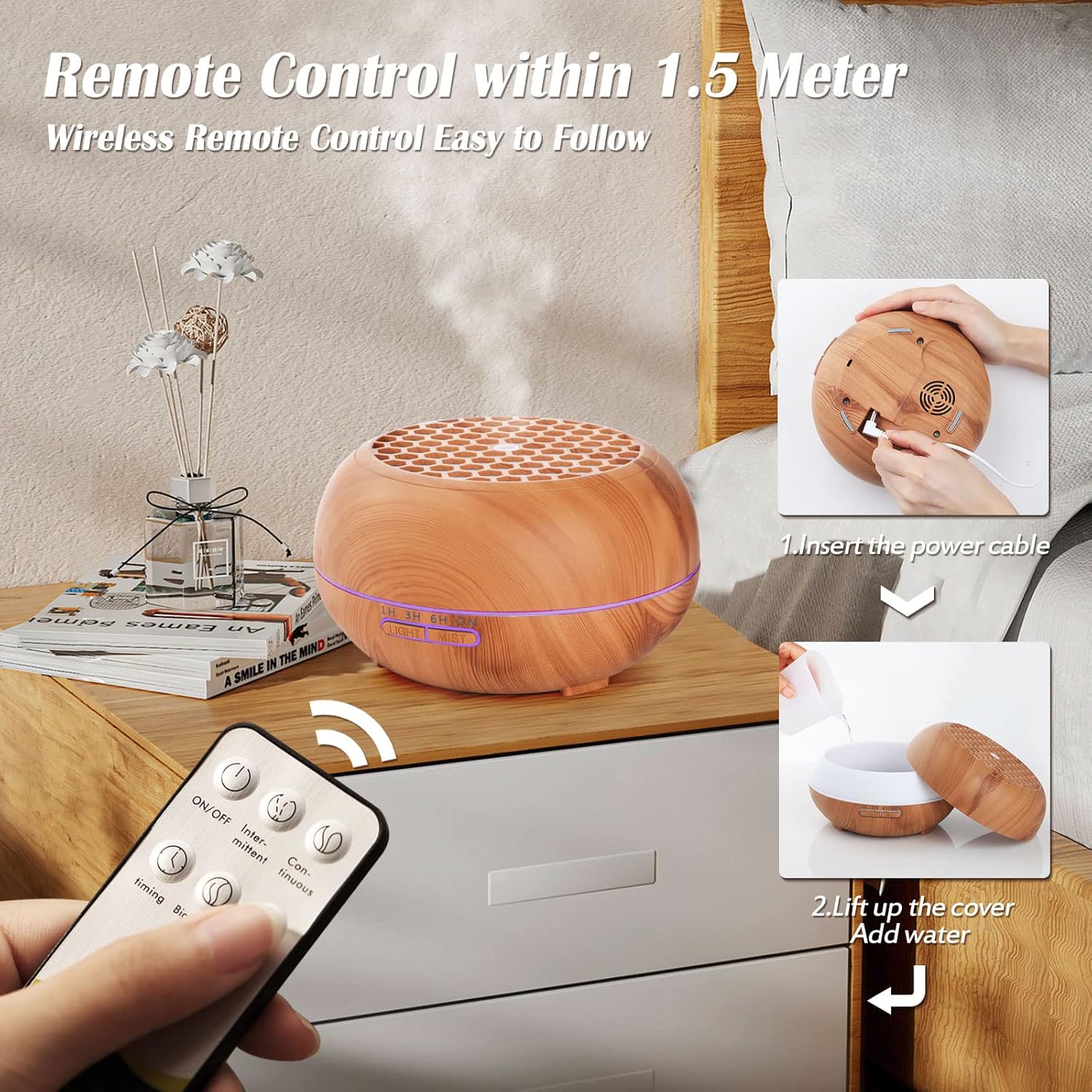 Simpeak Aroma Diffuser 550 ml, Ultraschall-Raumdiffusor Holz für ätherische Öle, Aromatherapie-Düfte, Luftbefeuchter mit Fernbedienung, Hellbraun – Bild 3
