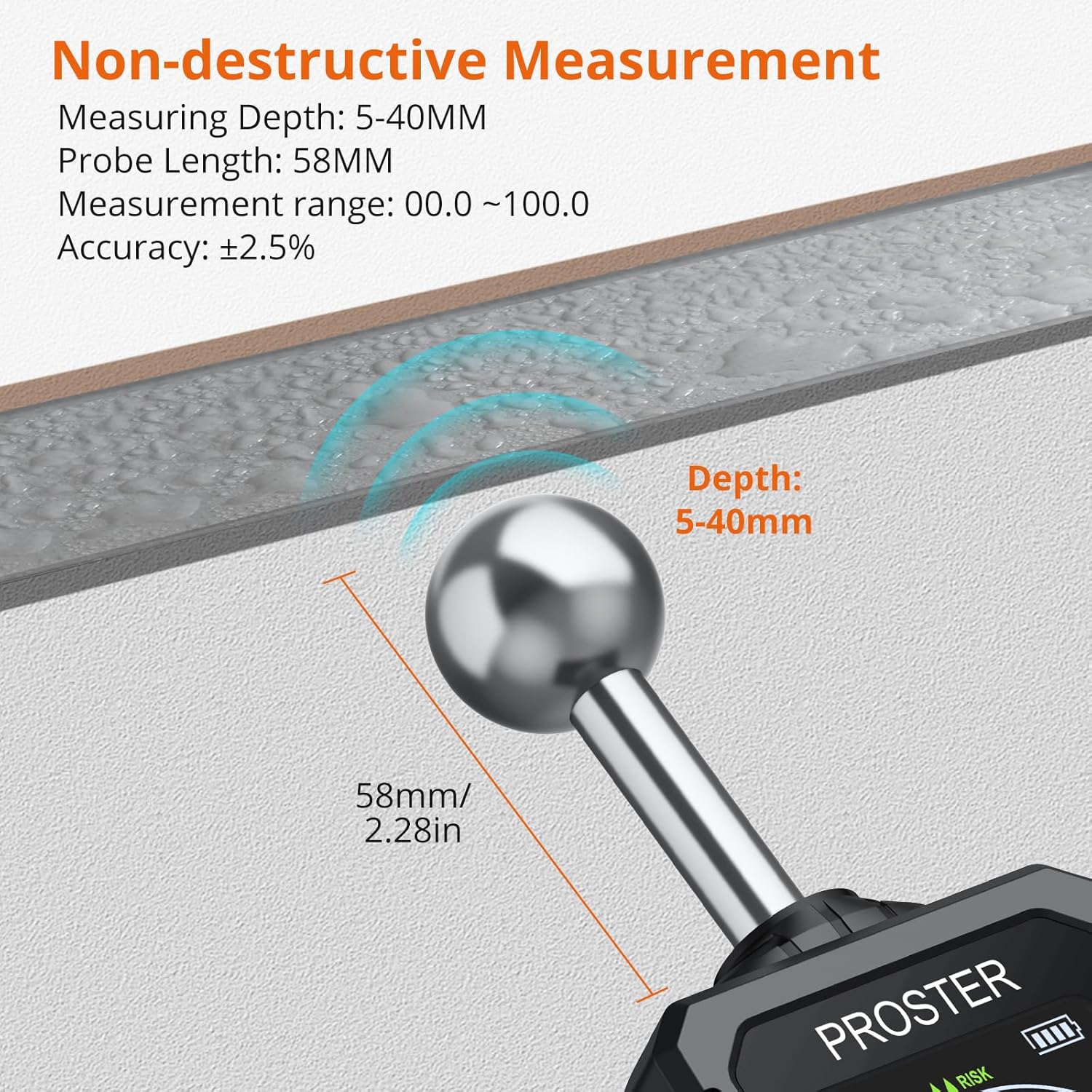 Proster Feuchtigkeitsmesser Wand Kugelform Sphärisches wiederaufladbares Feuchtigkeitsmessgerät Mauerwerk mit LCD-Bildschirm für Wände Mauerwerk 0-40 mm Analysetiefe (Schwarz Orange) – Bild 3
