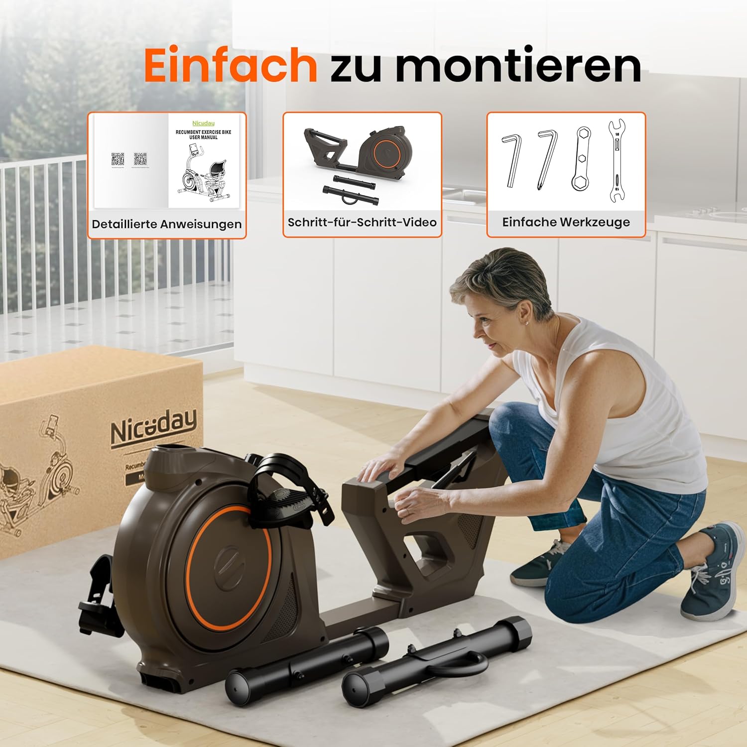 Niceday Liegeergometer für Senioren & Reha, 150kg belastbar & 90% vormontiert. Leiser Heimtrainer, Tiefer Einstieg, 16 Stufen, Ergonomischer Sitz & Rückenlehne – Geschenk für Mama & Papa – Bild 8