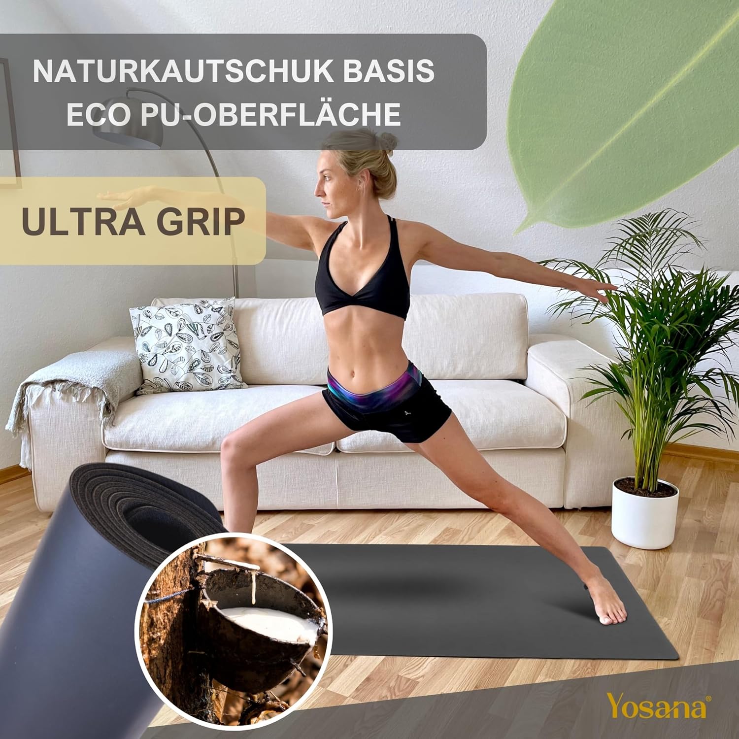 Yosana Yogamatte aus Naturkautschuk | Extrem rutschfest | Ultra-Grip-Oberfläche aus Eco PU | Extra breit 68 cm | Inklusive Tragegurt | Yogamatte 183 x 68 cm | 4 mm dünn – Bild 5
