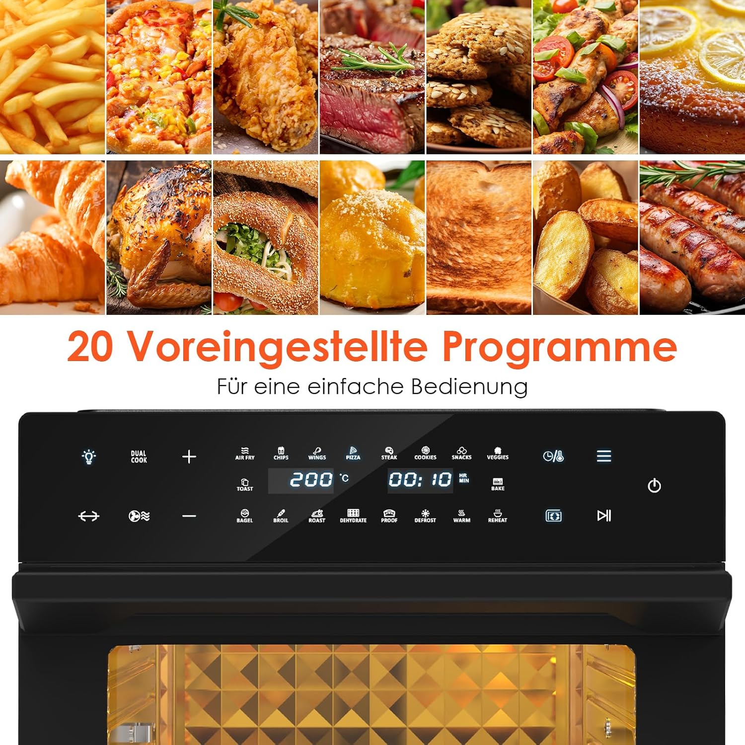 LLIVEKIT 30 L XXL Heißluftfritteuse, Mini-Ofen Konvektionsluft mit 20 Programmen und 9 Zubehörteilen, Mini-Ofen mit LED-Touchscreen, Airfryer-Ofen ohne Öl mit Sichtfenster, zwei Kochmodi, Rezeptbuch, 80 °C – 230 °C – Bild 8