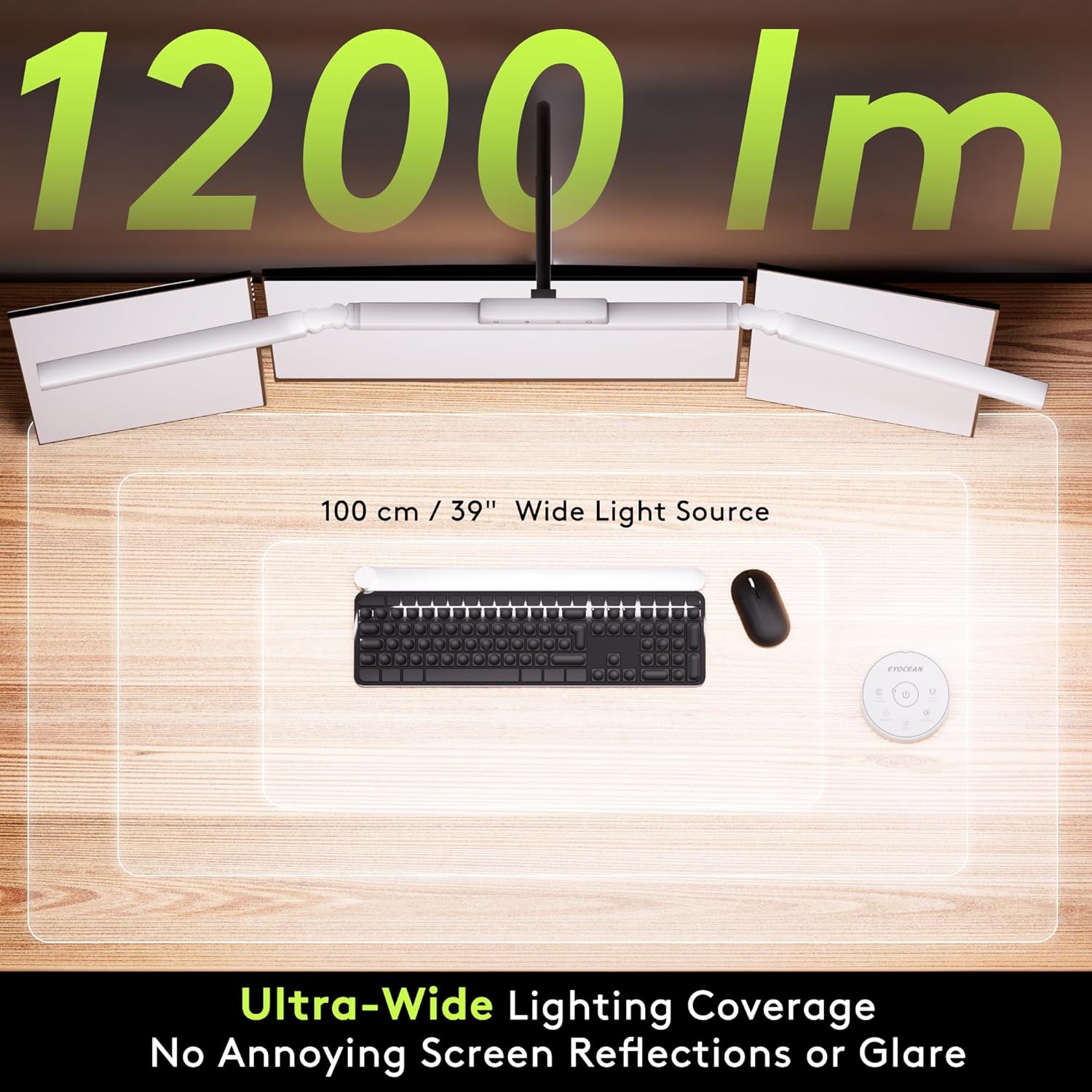 EYOCEAN Schreibtischlampe, Schreibtischlampe mit 3 Lichtquellen, 24W 100cm Tageslichtlampe Schreibtisch mit Fernbedienung, Dimmbare Monitorlampe, Schwanenhals Bürotischlampe – Bild 3