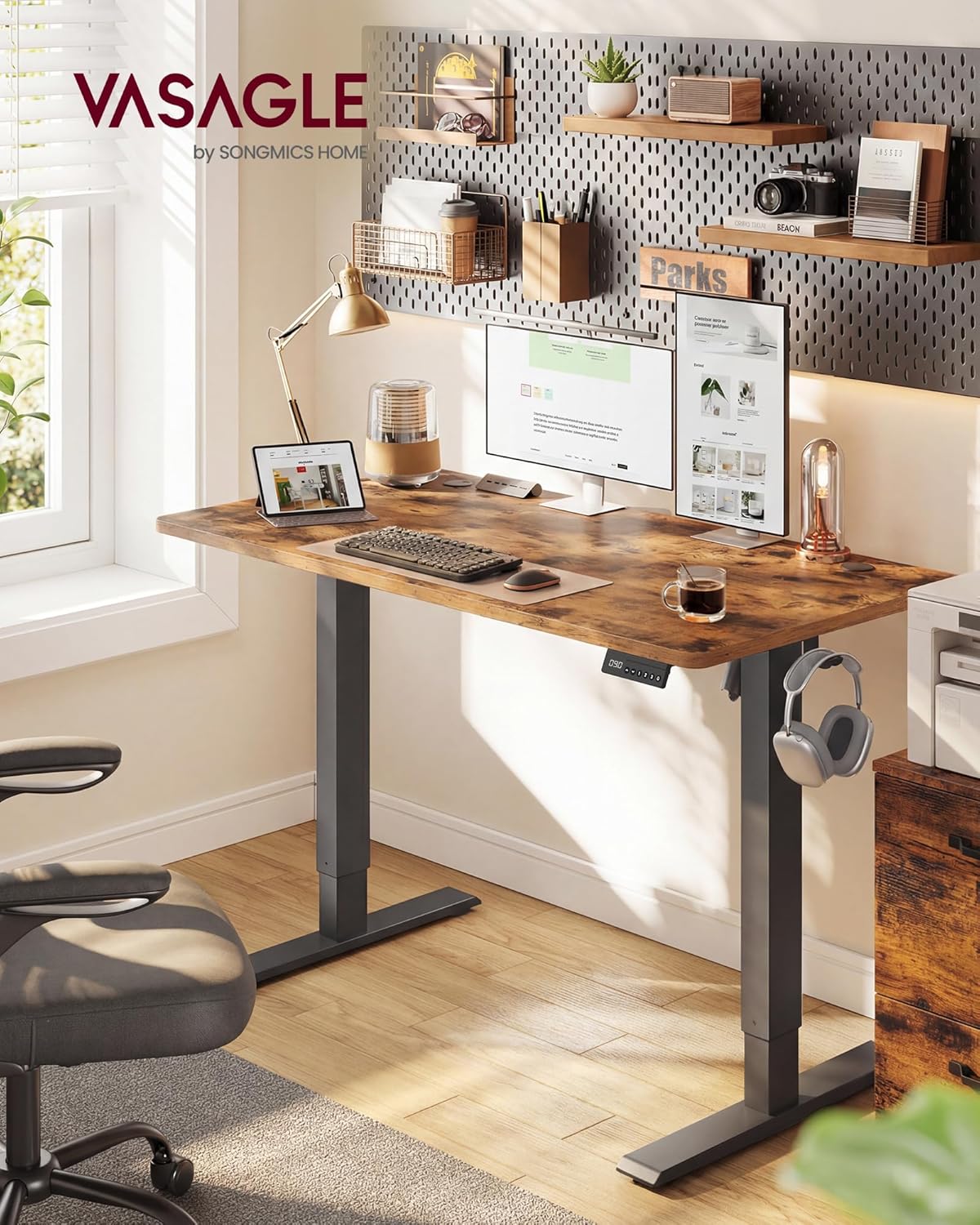 VASAGLE LSD312KD03 Höhenverstellbarer Schreibtisch, Stehpult, Computertisch, Long-Sit-Memory-Funktion, 4-Höhen-Büroschreibtisch, 120 x 60 cm, Vintage-Braun – Bild 2