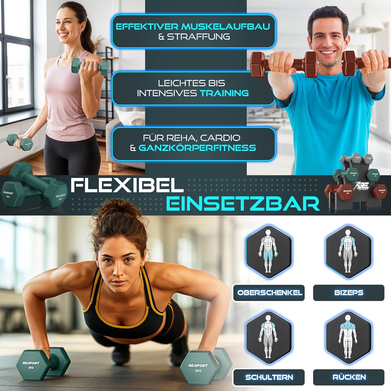 RE:SPORT Kurzhantel-Set 3 Paar, 1 kg – 5 kg, 12 kg oder 18 kg mit Ständer und 3 x Fitnessbändern, rutschfeste Neopren-Hanteln für Damen und Herren, Kurzhantel-Set – Bild 8