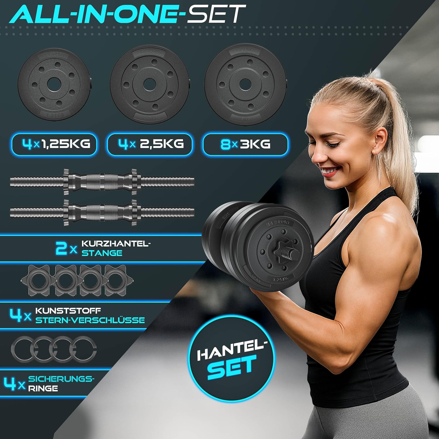 RE:SPORT 2er-Set verstellbare Kurzhanteln 15/20/30/40 kg | Hantelset mit 2 Hanteln | Hantel mit Gewichten und 4 Spinlock-Kragen | Fitness-Hantel für Muskelaufbau, Training und Zuhause – Bild 4