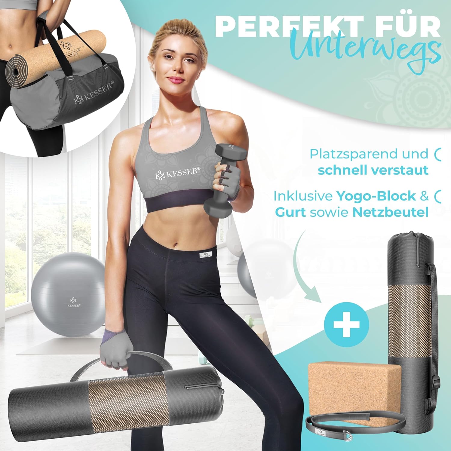 KESSER® Yogamatte aus Kork mit Tragegurttasche & Yogablock, Gymnastikmatte, Yogamatte, rutschfest, Naturkautschuk, TPE-Fitnessmatte, 183 x 62 cm, Trainingsmatte für Fitness, Sportmatte, Gymnastik, extra dick – Bild 4