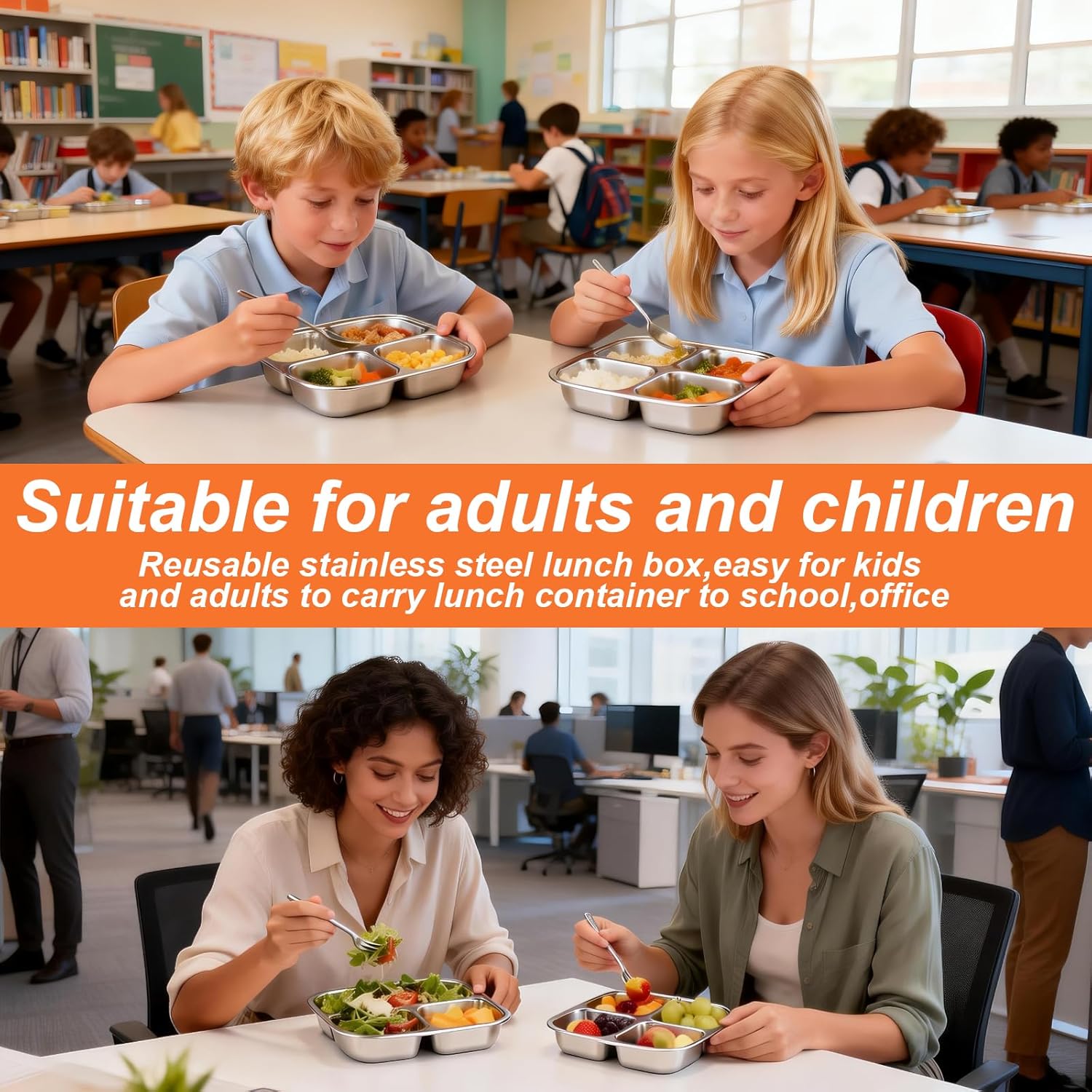2 Stück Snackboxen mit Fächern aus Edelstahl, wiederverwendbare Snackbox für Kinder und Erwachsene, Meal-Prep-Behälter, Kinder, auslaufsichere Metall-Bento-Box mit Deckel für Schule, Arbeit & Camping (600 ml) – Bild 7