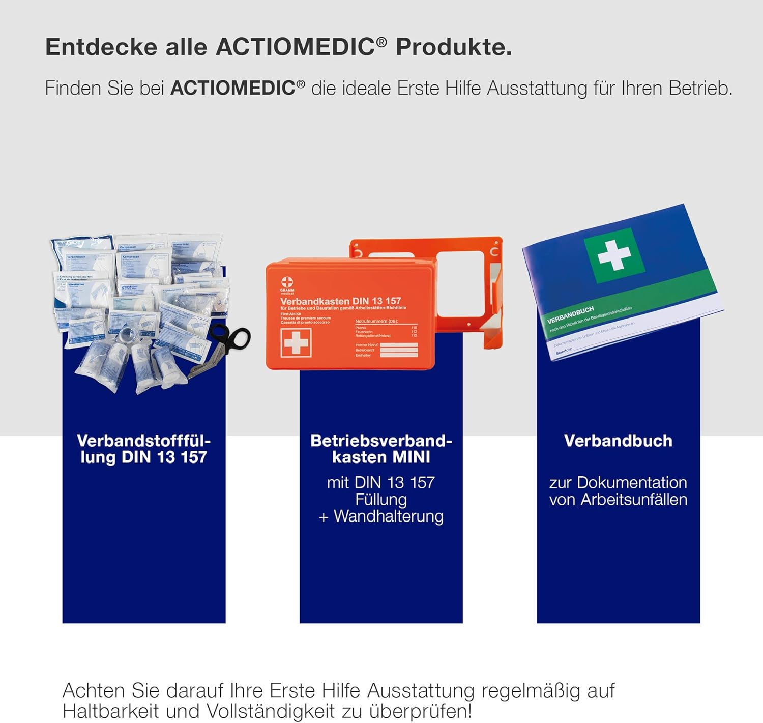 ACTIOMEDIC mobiler und stationärer Erste-Hilfe-Kasten mit Wandhalterung zur Aufbewahrung, DOMINO DIN 13157:2021 I hypoallergene Pflaster, mehrsprachig, Sehhilfen, orange, 28 x 12 x 20 cm – Bild 6
