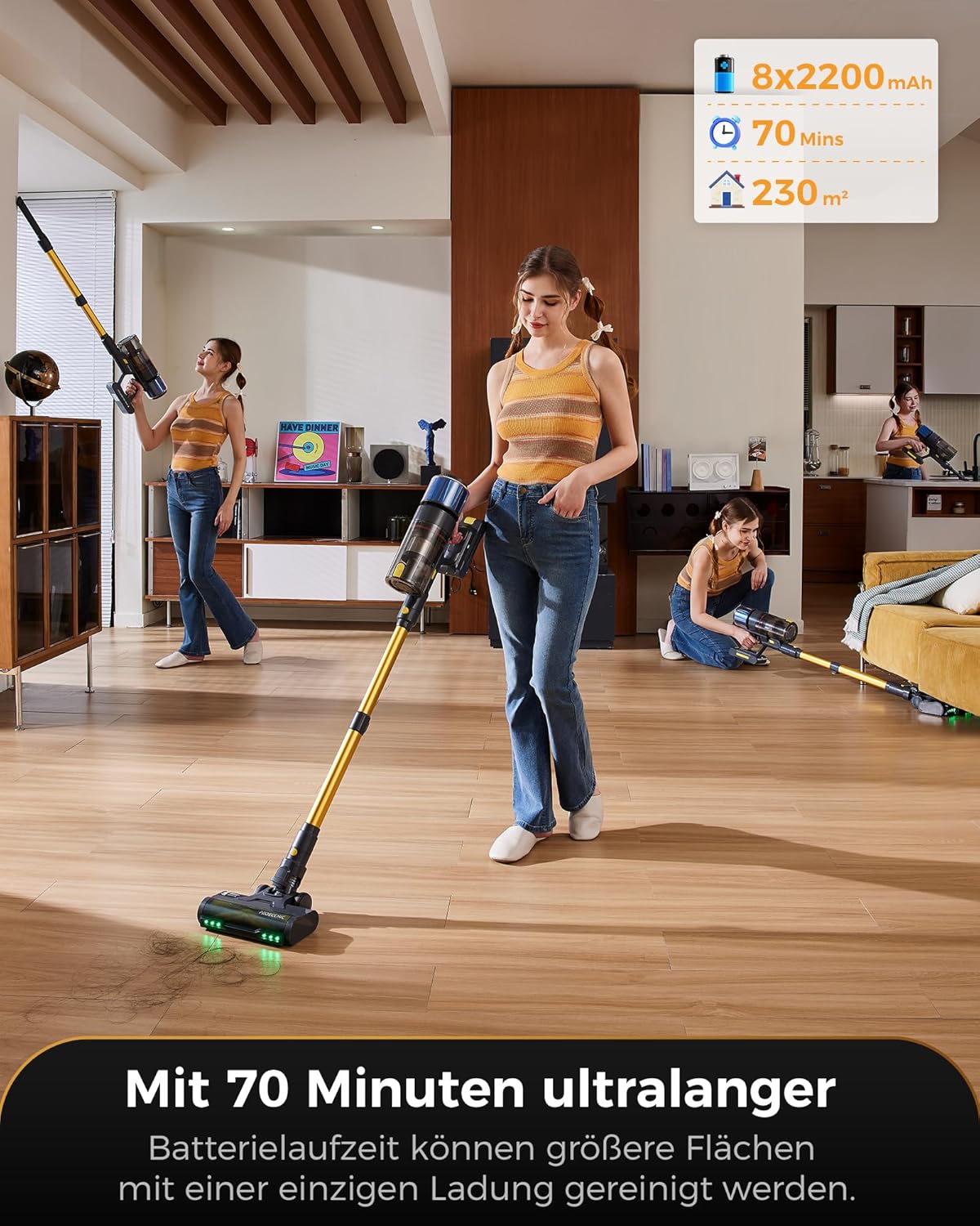 Proscenic P15+ Akku-Staubsauger, 70 Minuten, 55 KPa, 650 W, kabelloser, selbststehender Staubsauger mit Touchscreen, grünes Licht, Anti-Tangle-6-Lagen-Filter, Akku-Staubsauger für Teppiche, Tierhaare, Autos (Gelb, L) – Bild 6