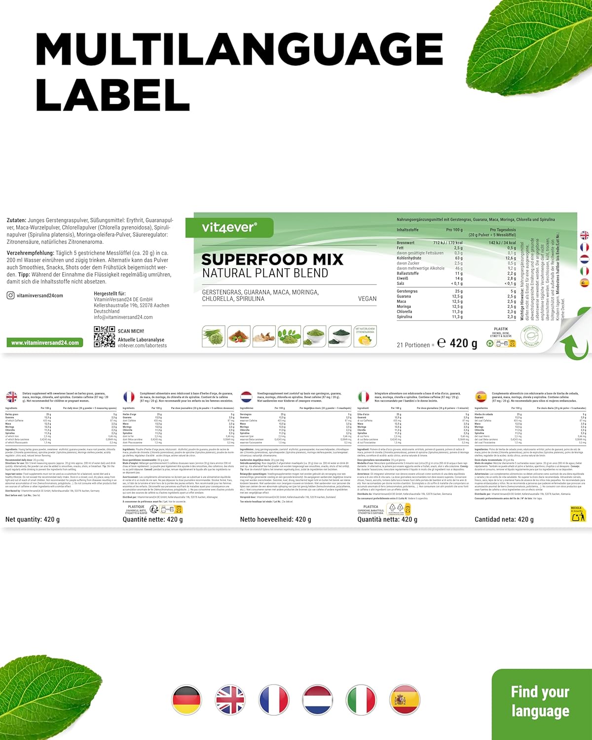 vit4ever Superfood Mix Pulver – 420 g mit 6 Superfoods (Gerstengras, Spirulina, Chlorella, Moringa, Maca & Guarana) – natürliches Zitronenaroma – Bild 7