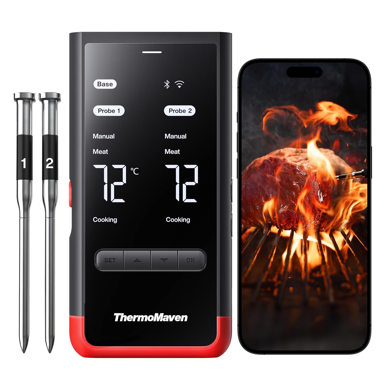ThermoMaven P2 Fleischthermometer kabellos – WLAN und Bluetooth 5.3, 2 Sonden, 6 Sensoren, ±0,3 °C präzise, IPX8 wasserdicht, App-Steuerung, NIST- und NSF-zertifiziert, Grillthermometer, Bratenthermometer