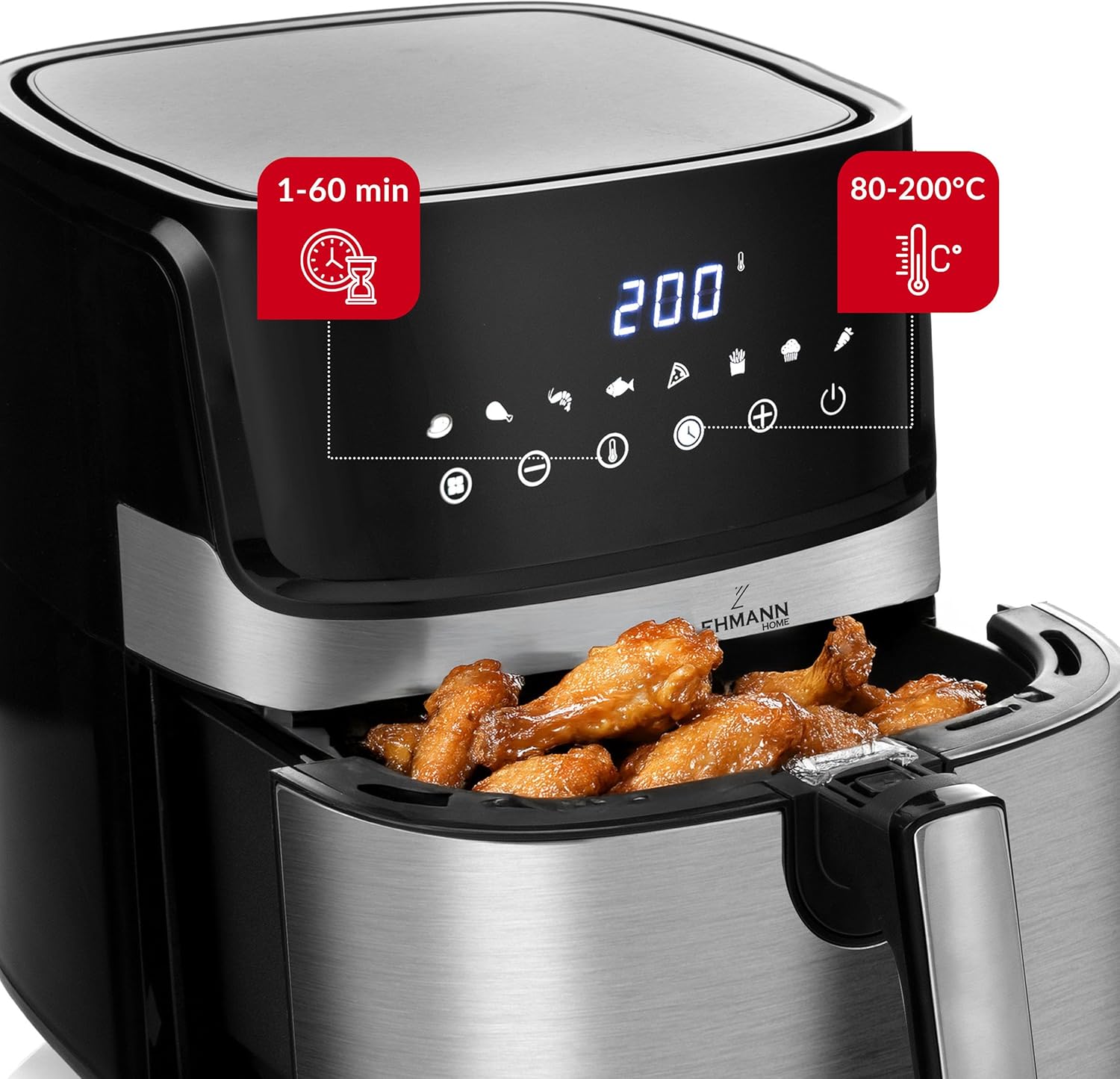 LEHMANN Heißluftfritteuse XL 6,5 l, 8 Programme, große Metallkammer, Digitalanzeige, Timer, Antihaftbeschichtung, spülmaschinenfester Korb, 80–200 °C, Heißluftfritteuse ohne Öl für die Familie – Bild 8