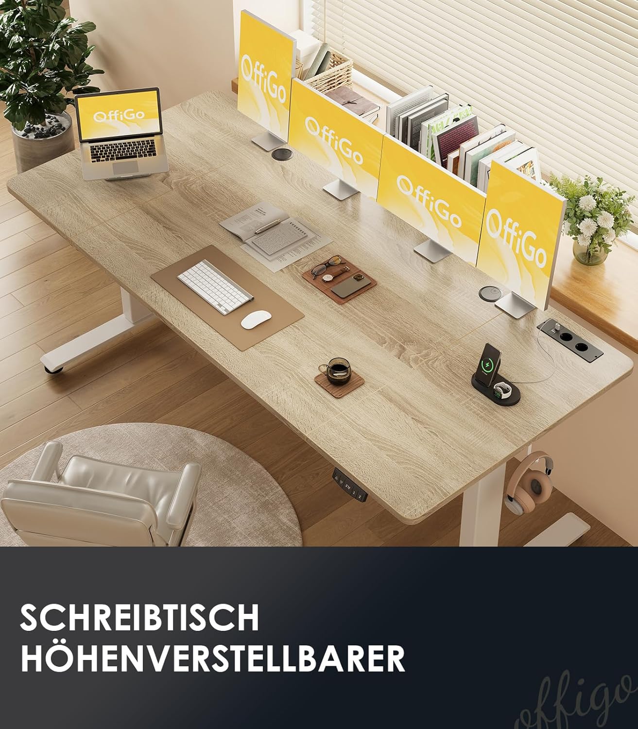 OffiGo höhenverstellbarer Schreibtisch, 200 x 80 cm, elektrischer Schreibtisch mit Steckdosen und USB-Ladeanschluss, Tisch höhenverstellbar mit 2 Memory-Funktionen, Computertisch für Büro, Zuhause, Beige – Bild 8
