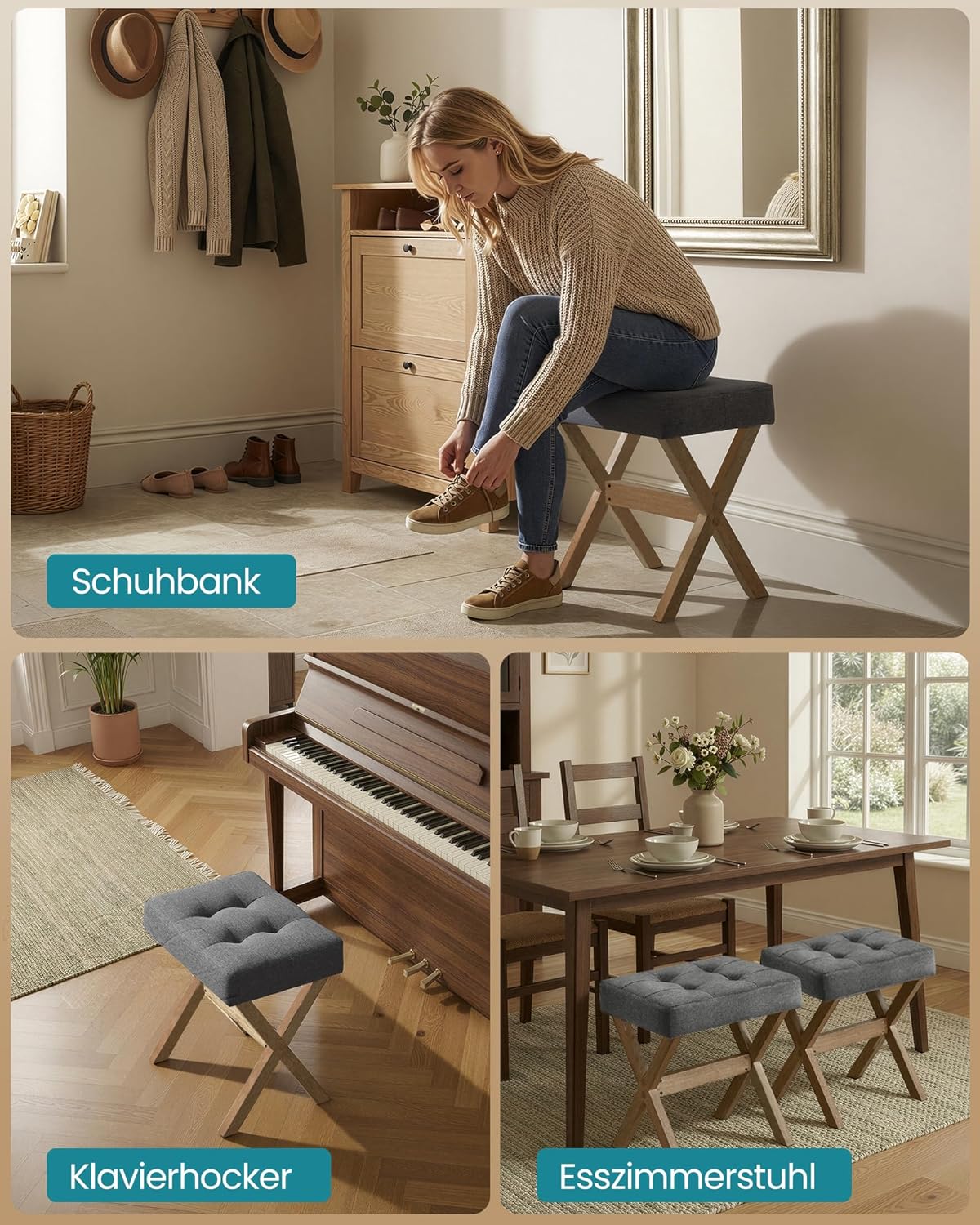 SONGMICS Make-up-Hocker, gepolsterter Hocker, Holzbeine, Fußhocker, Schlafzimmer, Ankleidezimmer, Flur, 32 x 42 x 46 cm, Schiefergrau, Braun, SPF006GN01 – Bild 7
