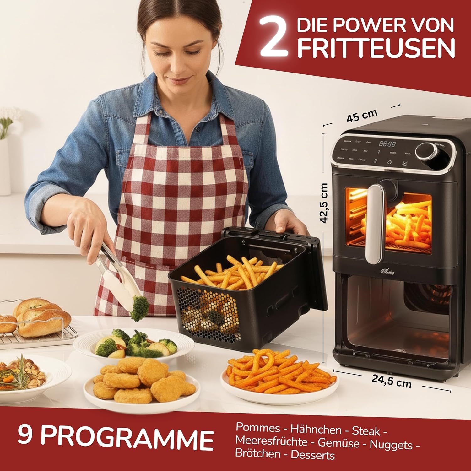 Oleio Maestro Airfryer Doppelkammer XXL Heißluftfritteuse 2 Kammern I 2460 W – Heißluftfritteuse mit Sichtfenster aus Glas I 11 LI Antihaftbeschichtung I Spülmaschinenfest I Platzsparend I Energiesparend – Bild 2