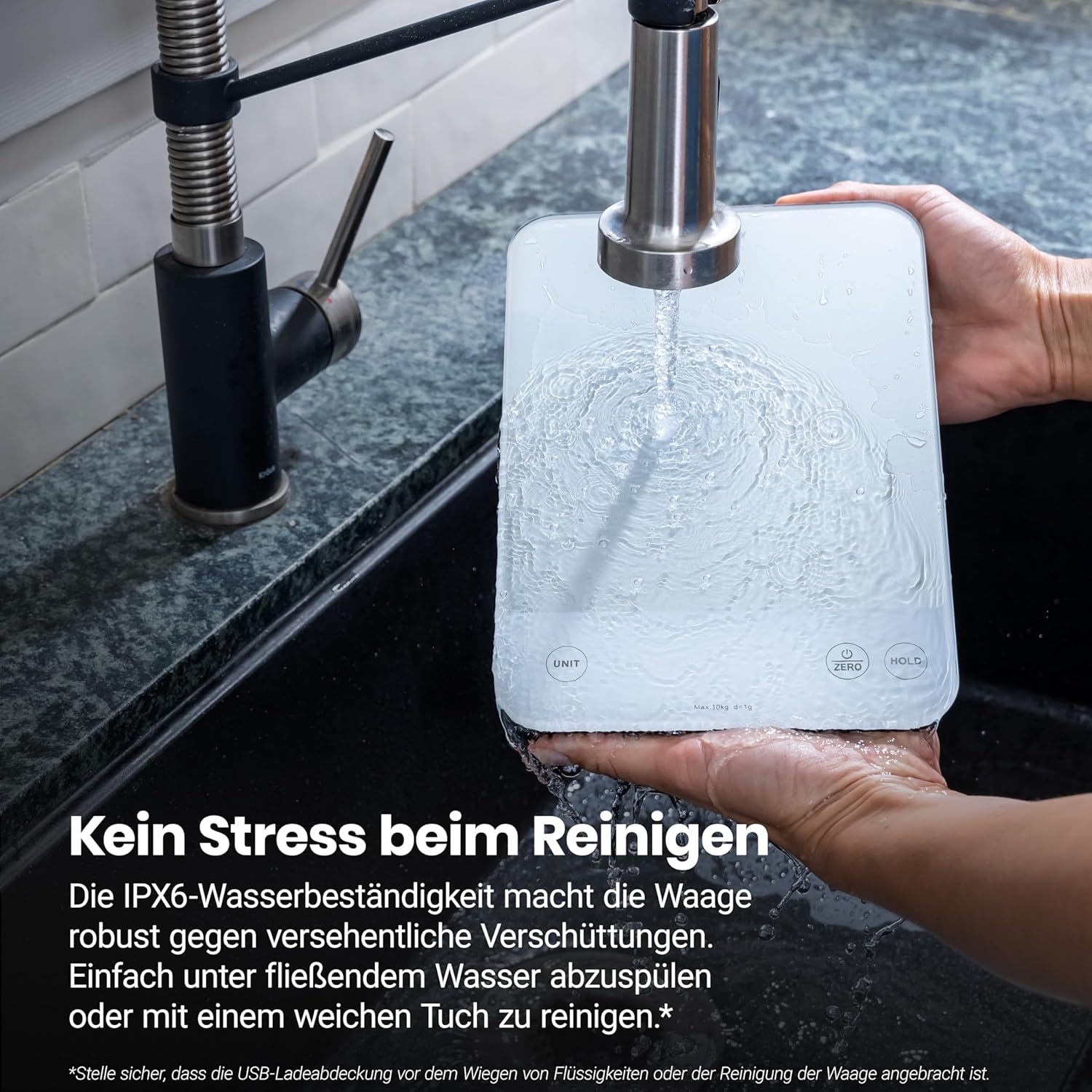 ETEKCITY Küchenwaage, Präzisionswaage 0,1 g genau, 10 kg digitale Küchenwaage mit großem LED-Display, wasserdichte Küchenwaage zum Abmessen von Flüssigkeiten, Tara-Funktion – 10 kg – 1 g – weißes Glas – Bild 3