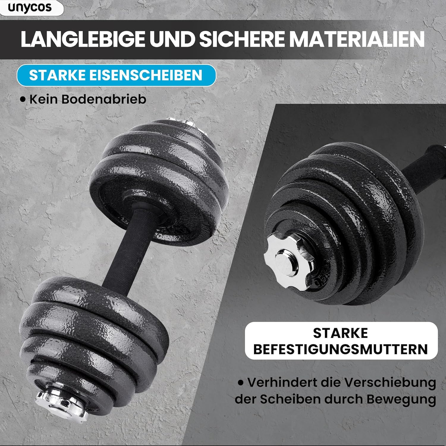 unycos – 2-in-1-Hanteln und Langhantel, verstellbar (15–50 kg), mit Übungs-E-Book, Gewichtsset mit Verbindungsstange und Eisenplatten, Aufbewahrungskoffer, Heim-Fitnessstudio (Eisentransformator) – Bild 5