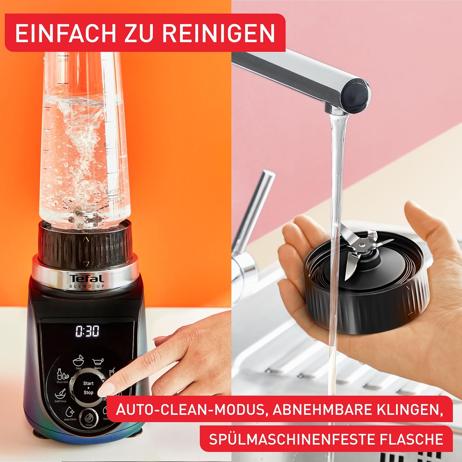 Tefal Blend Up BL19H4F0 Mini-Mixer, 8 Automatikprogramme, Pulse-Funktion, abnehmbare Powelix-Klingen, inklusive 2 On-the-Go-Flaschen (400 + 700 ml), Silence-Modus, kompaktes Design, 1000 Watt, blau – Bild 5