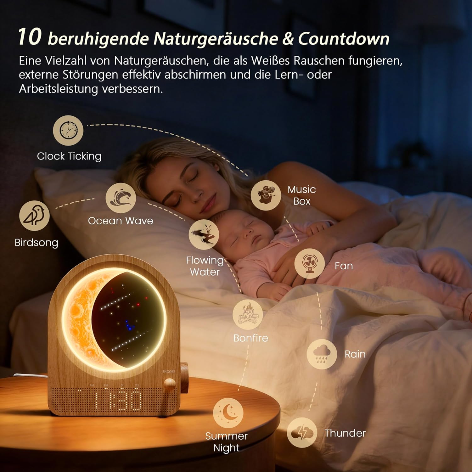 blonbar Wecker & Mondlampe, Nachttischlampe mit Lichtwecker, Tageslichtwecker, Nachtlicht mit 3 Helligkeitsstufen, 10 Naturgeräuschen, ideal für Schlafzimmer – Bild 8