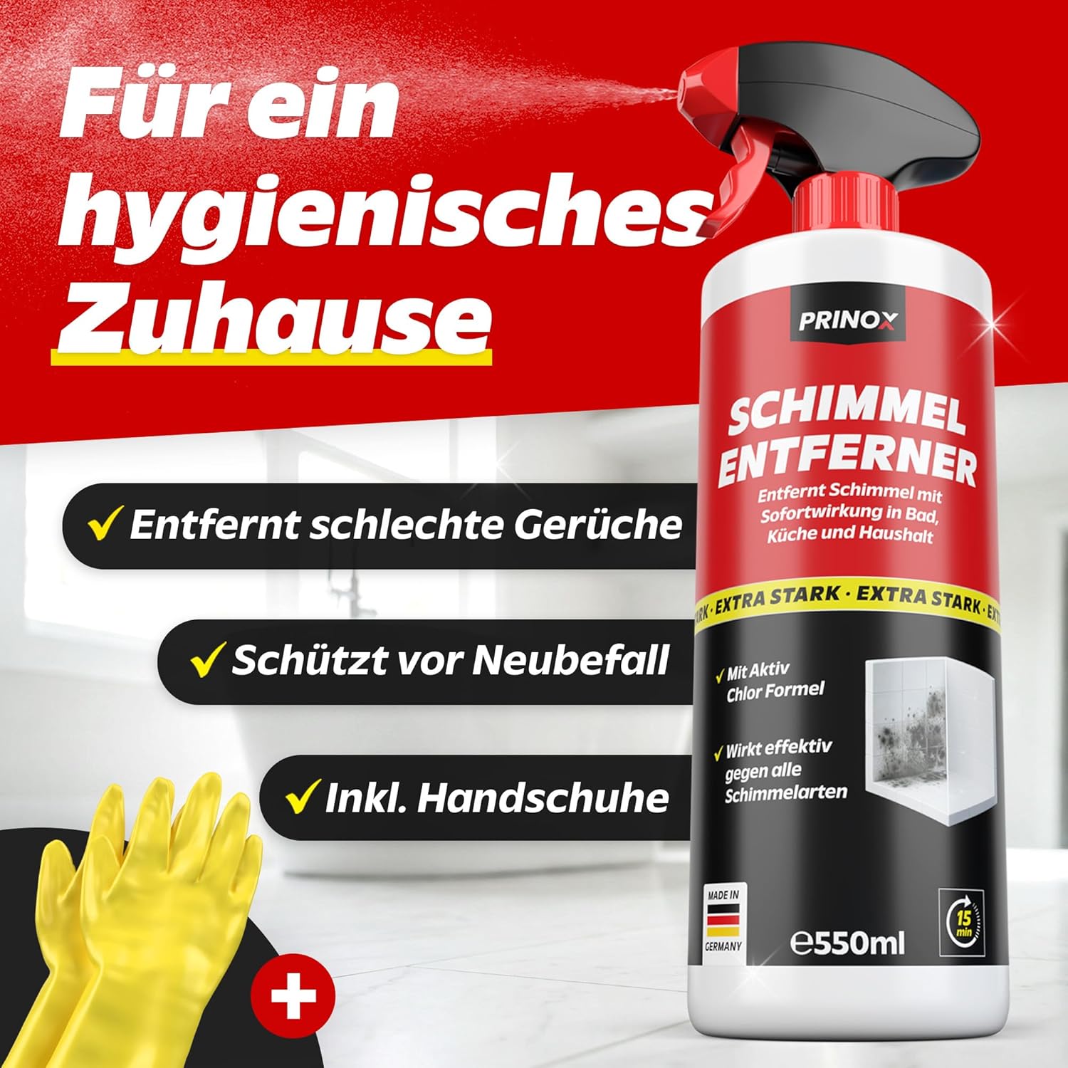 Professionelles Schimmelentferner-Set inklusive 2 Schutzhandschuhen – Schimmelspray mit Haftwirkung gegen Schimmel an Wand, Fugen, Tapeten, Textilien, Auto – entfernt Schimmel hocheffektiv – Bild 6