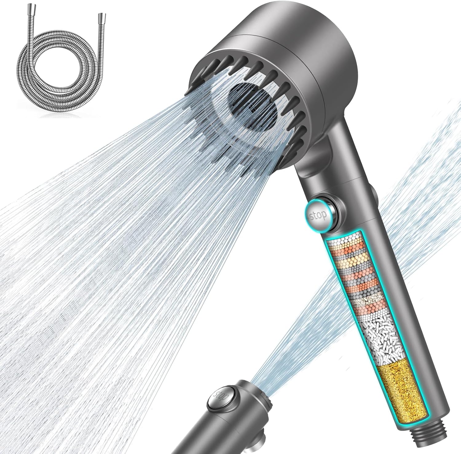 MEKO Duschkopf mit Filter in 15 Schichten, Hochdruck-Handbrause mit 1,5 m Schlauch, 3+1 Strahlarten, Duschkopf zur Entfernung von hartem Wasser, Restchlor, Bakterien und Schwermetallen, Grau