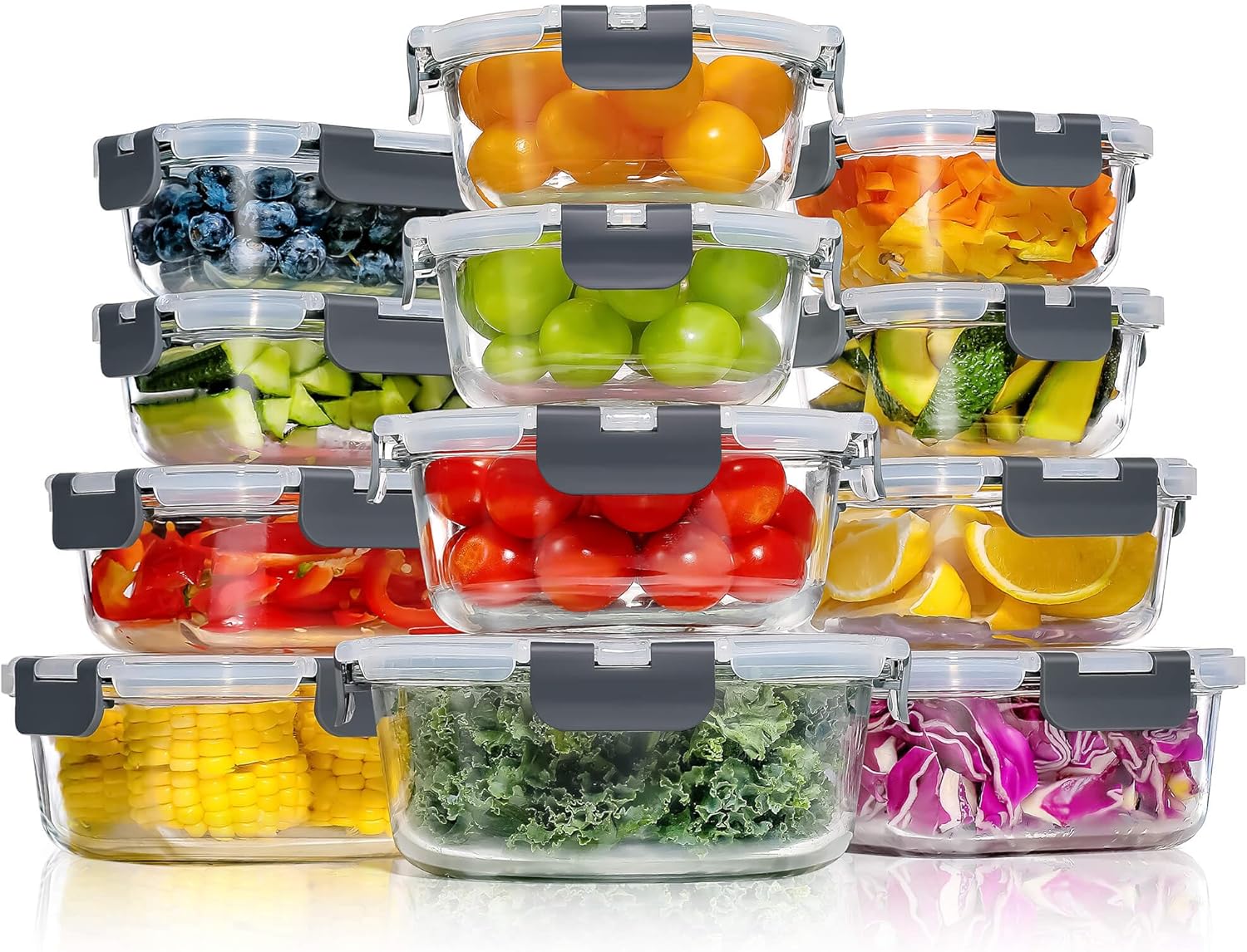 YASHE Glasbehälter mit Deckel, 12 Stück, stapelbare und luftdichte Meal-Prep-Boxen, Glas für spülmaschinenfeste, mikrowellen- und gefriergeeignete, auslaufsichere, BPA-freie Glasbehälter mit Deckel-Set