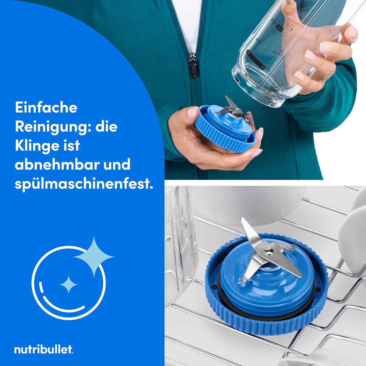 Nutribullet Flex 590 ml tragbarer Smoothie-Mixer mit Trinkdeckel, zerkleinert Eis und gefrorene Früchte, USB-C, Tragegurt, BPA-freier Becher, leicht zu reinigen, blau (NBP013BL) – Bild 7