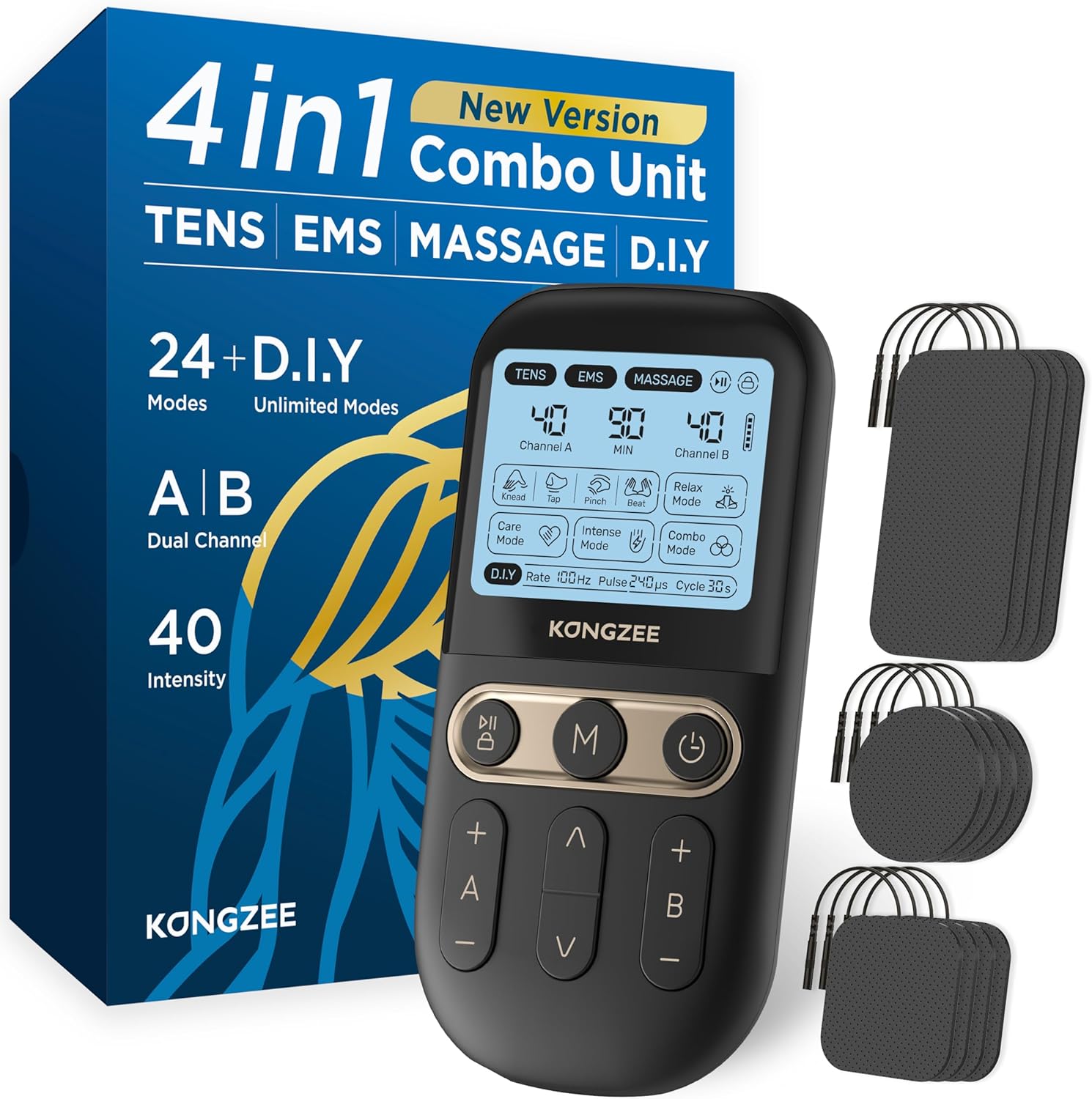 4-in-1-DIY-TENS-Gerät, Massage-Muskel- und Nervenstimulationsgerät, Zweikanal-TENS-EMS-Gerät, Therapiegerät zur Schmerzlinderung, vom FDA-Impulsmassagegerät, mit 12 Elektrodenpads