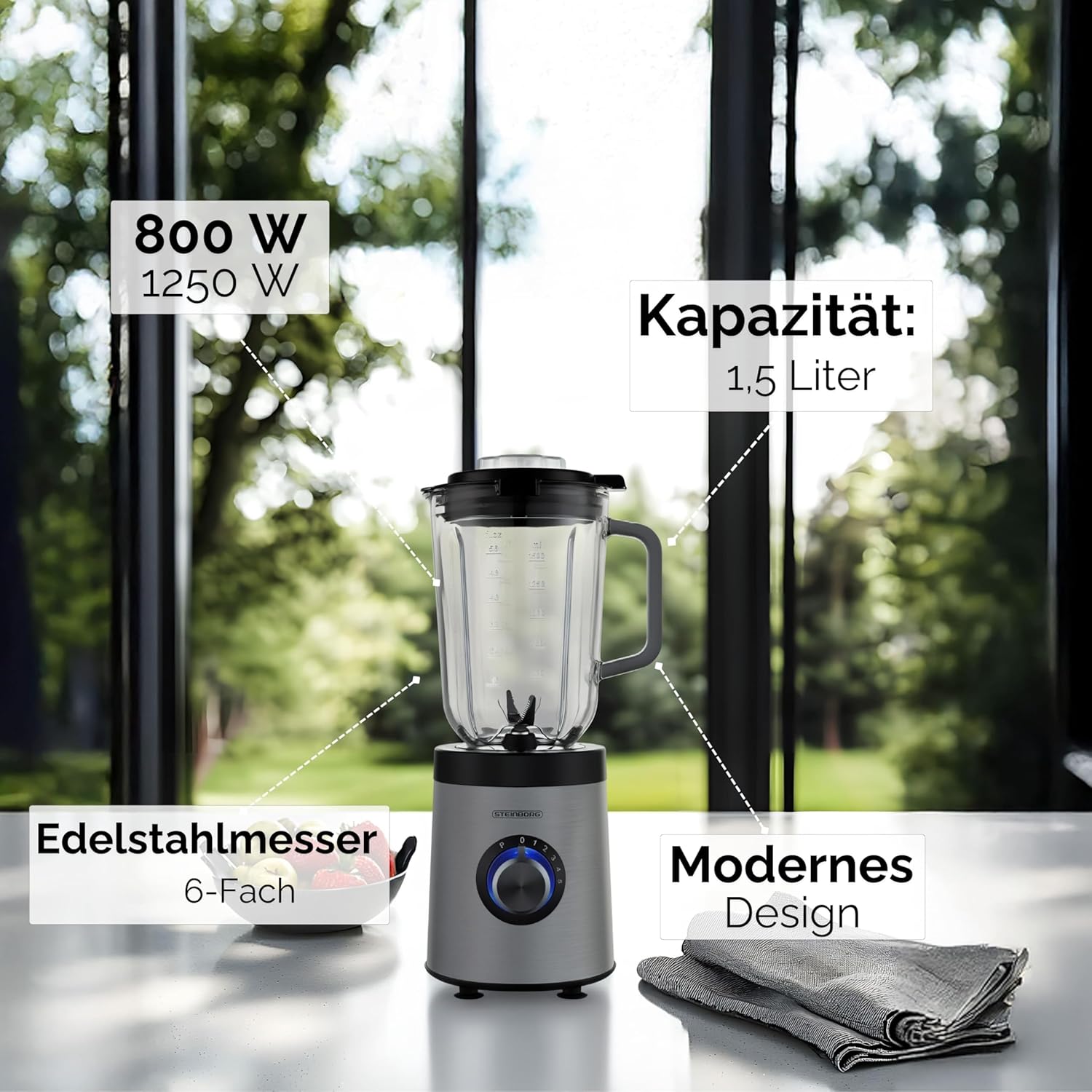 Steinborg Standmixer aus Glas, Edelstahl, 800 Watt, 1,5 Liter Glaskanne, Universal-Powermixer, Smoothie-Maker, Zerkleinerer, Multifunktionsmixer, 6-Wege-Messer, Eiscrusher, 5 Stufen + Pulsfunktion – Bild 4