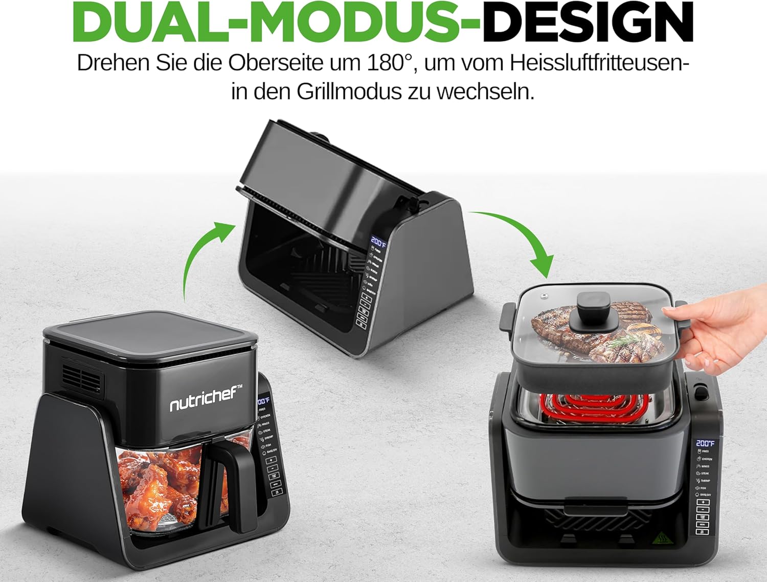NutriChef Heißluftfritteuse 4L mit Grillfunktion 1500W Schwarz – Airfryer ohne Öl mit Sichtfenster, 7 Programmen, Glasbehälter für Familien & vielseitiges Kochen – Bild 3